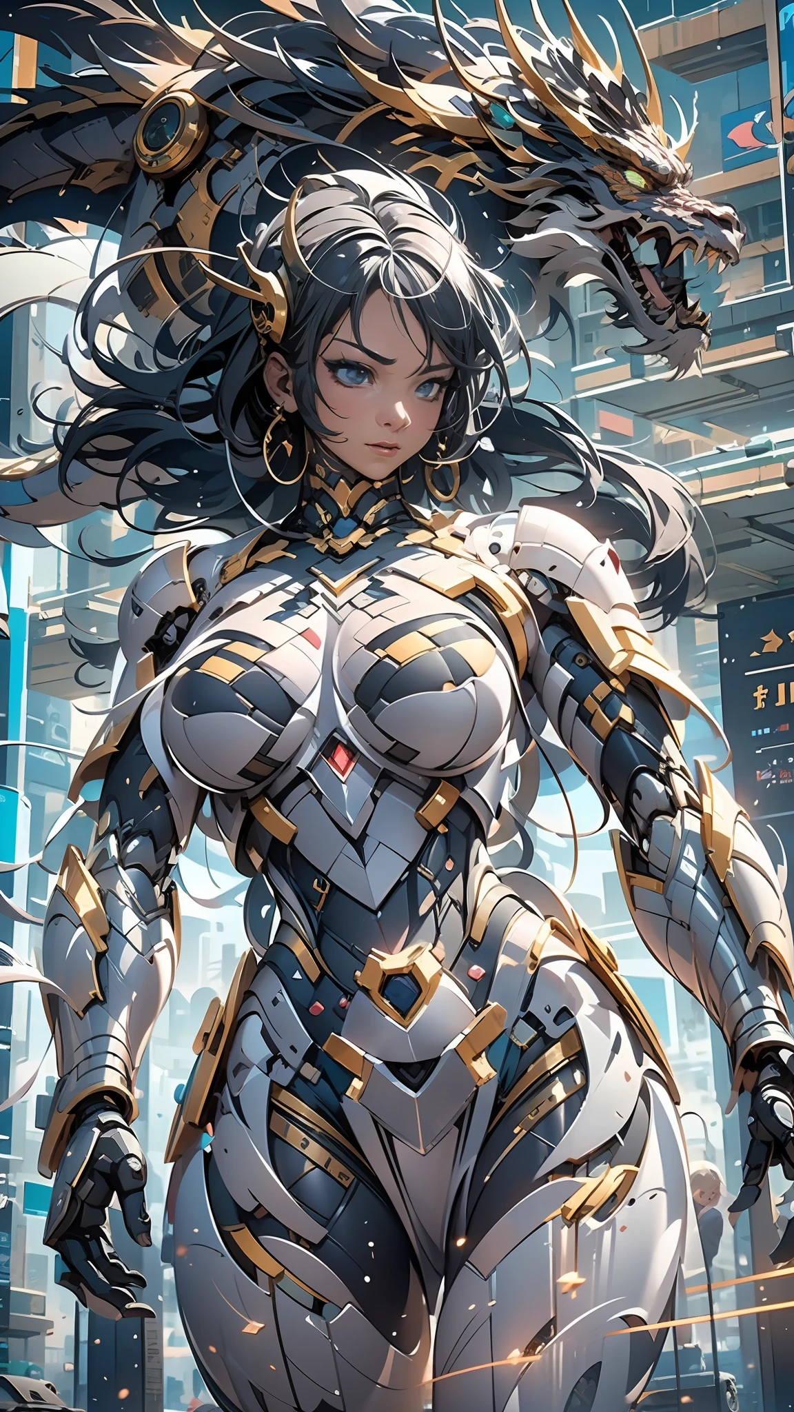 （（best qualtiy））， （（tmasterpiece））， （The is very detailed：1.3）， 3D，In Cyberpunk World，A girl in mechanical armor，holding futuristic weapons，The battle is ahead，Behind her was a medium-sized armored mech，At the end of the end, There are super giant mecha Oriental Dragon，hdr（HighDynamicRange），Ray traching，NVIDIA RTX，Hyper-Resolution，Unreal 5，sub surface scattering，PBR textures，Post-processing，Anisotropic filtering，depth of fields，Maximum clarity and sharpness，Many-Layer Textures，Albedo e mapas Speculares，Surface coloring，Accurately simulate light-material interactions，perfectly proportions，rendering by octane，twotonelighting，Low ISO，White balance，trichotomy，Wide aperture，8K raw data，High-Efficiency Sub-Pixel，sub-pixel convolution，Luminous Particle，