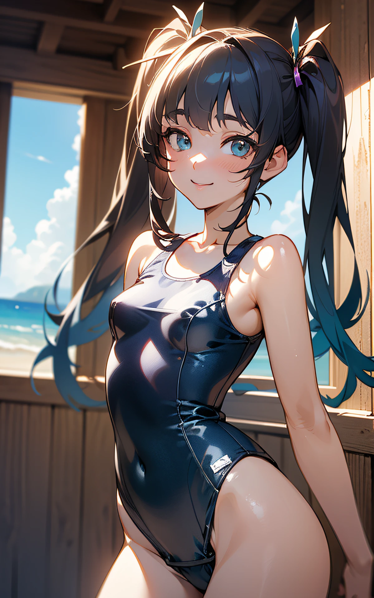 (Unity 16K Wallpaper, Masterpiece, Best Quality, Ultra-Detailed, Extremely Detailed CG, Caustics, Cinematic Lighting, Detailed, Beautiful Detailed Eyes, solo, vivid image quality, brighten the subject, beach),Ultra High Resolution, fine skin、y, (curby), nsfw,(school swimsuit:1.3), small bremile, cowboy shot, twin tails