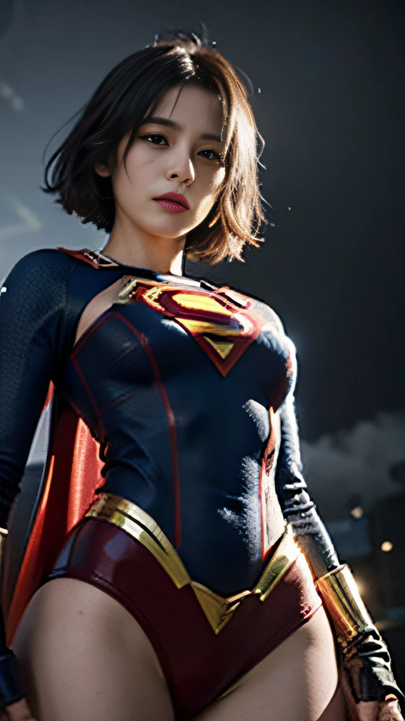 best qualtiy, tmasterpiece, (realisticlying:2), 超高分辨率, highly detailed, Ultra photo realsisim, 1girl, supergirl suit,A capital X serves as the Superman logo, brunette color hair, short detailed hair, Slim body, full-shot, stand posture, from below, looking at viewert, natta, 城市, Sateen, Cyberpunk vibes, Dark scene, Dark atmosphere, Light neon, thin fog, The cloudy, salama, detailedbackground