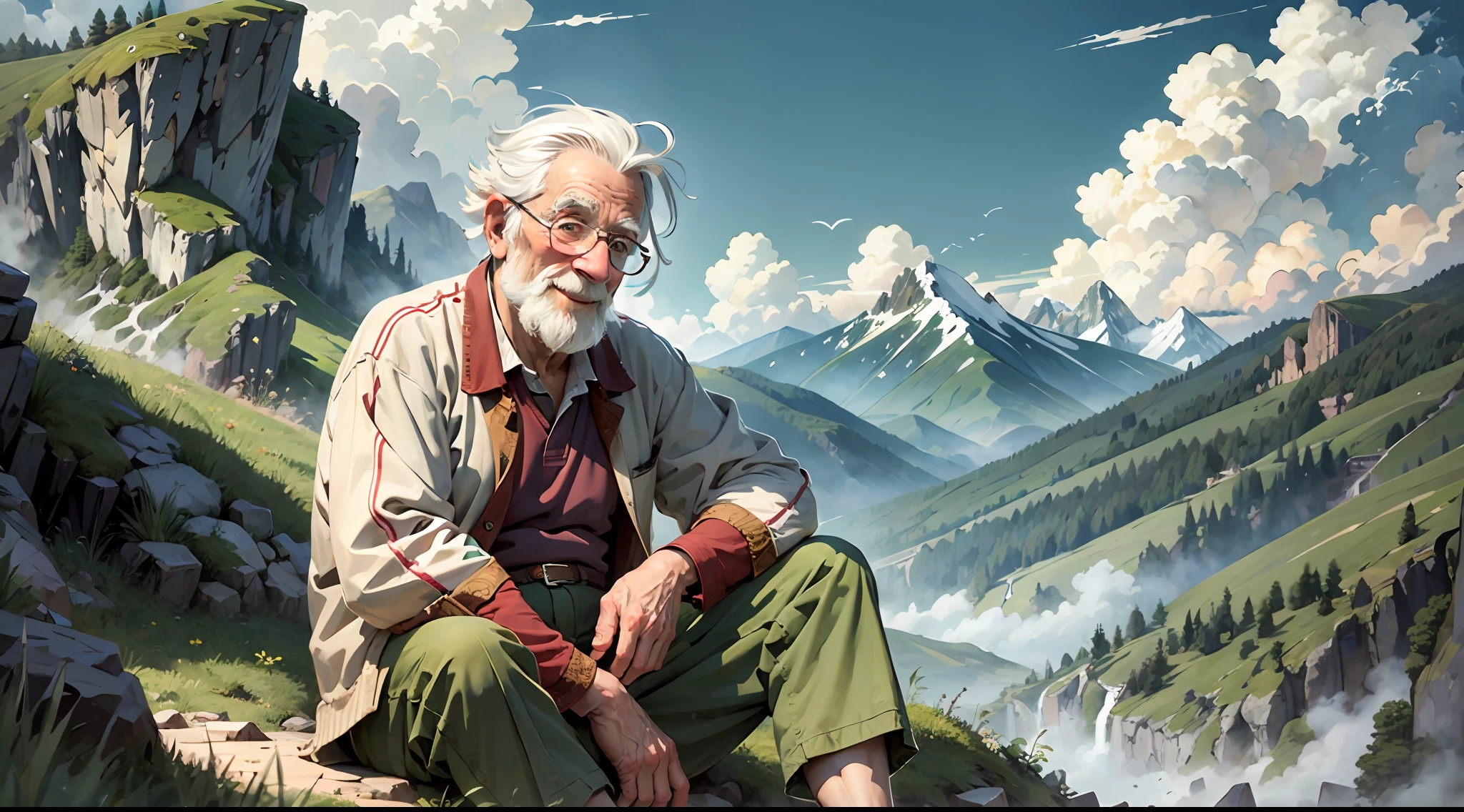 (masterpiece), (best quality), realistic illustration, 1 old man, almost full body, smile, sitting, old clothes, white hair, looking to the side, green mountains, high mountains, beautiful view,