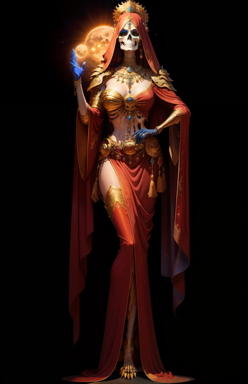((best quality)), ((masterpiece)), ((realistic)), A goddess who wears a long crimson robe facing away from the viewer. Behind her back she holds a skeleton arm in her hand. The setting is the high mountain desert, with the safe brush and a clear sky. The theme of the piece is death and rebirth, and the contrast between the divine and the mortal. flowers and birds, around the goddess, the skeleton arm has jewelry, a sun, a moon, and stars, the Mojave Desert, female face, metal carved top, royal aura, trend on artstation , sharp focus, studio photo, intricate detail, very detailed, detailed eye, illustration, very detailed, sharp focus, digital render, professional, 4k
