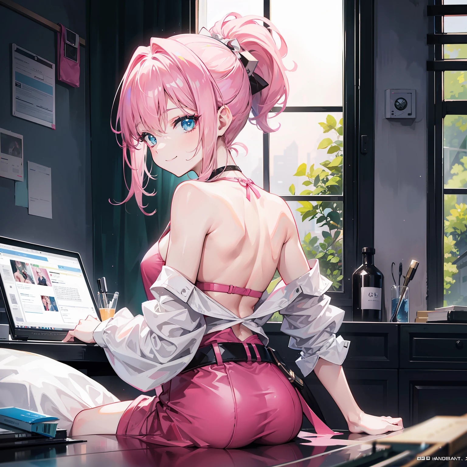 nighttime scene,A photo of a sexy,posing on a,looking at a camera and smiling,Pink ponytail,(green-eyed:0.8),Cute young face,18 years old,Soft volumetric light,(The light from the back window is backlighted:1.3),(cinematic colorgrade:1.3),Complicated details,(ArtStation:1.2),(Clear and beautiful eyes)