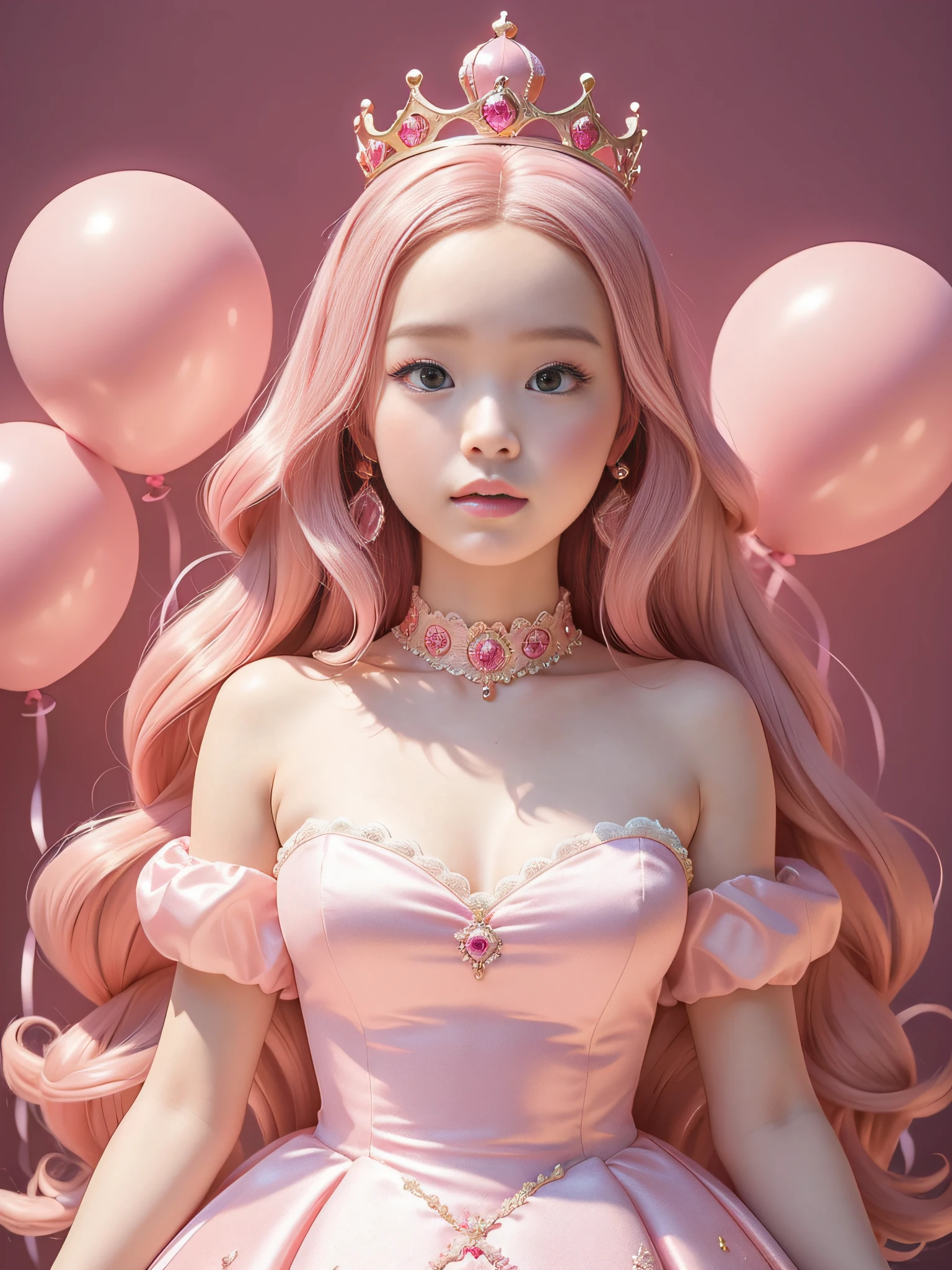 A Barbie princess wearing a lovely pink lightweight dress, wearing a beautiful crown, an indoor photography of a labyrinth of monumental, inflated pink balloons, an art installation by Martin Creed, ((Full body shot)), pink background, delicate face, white skin, delicate facial features, perfect facial features, delicate hair portrayal, delicate eyes portrayal, 8k picture quality, atmosphere sense, the highest quality, masterwork, extreme detail, high resolution, blurry foreground, foreshortening, high quality, Masterpiece, best quality