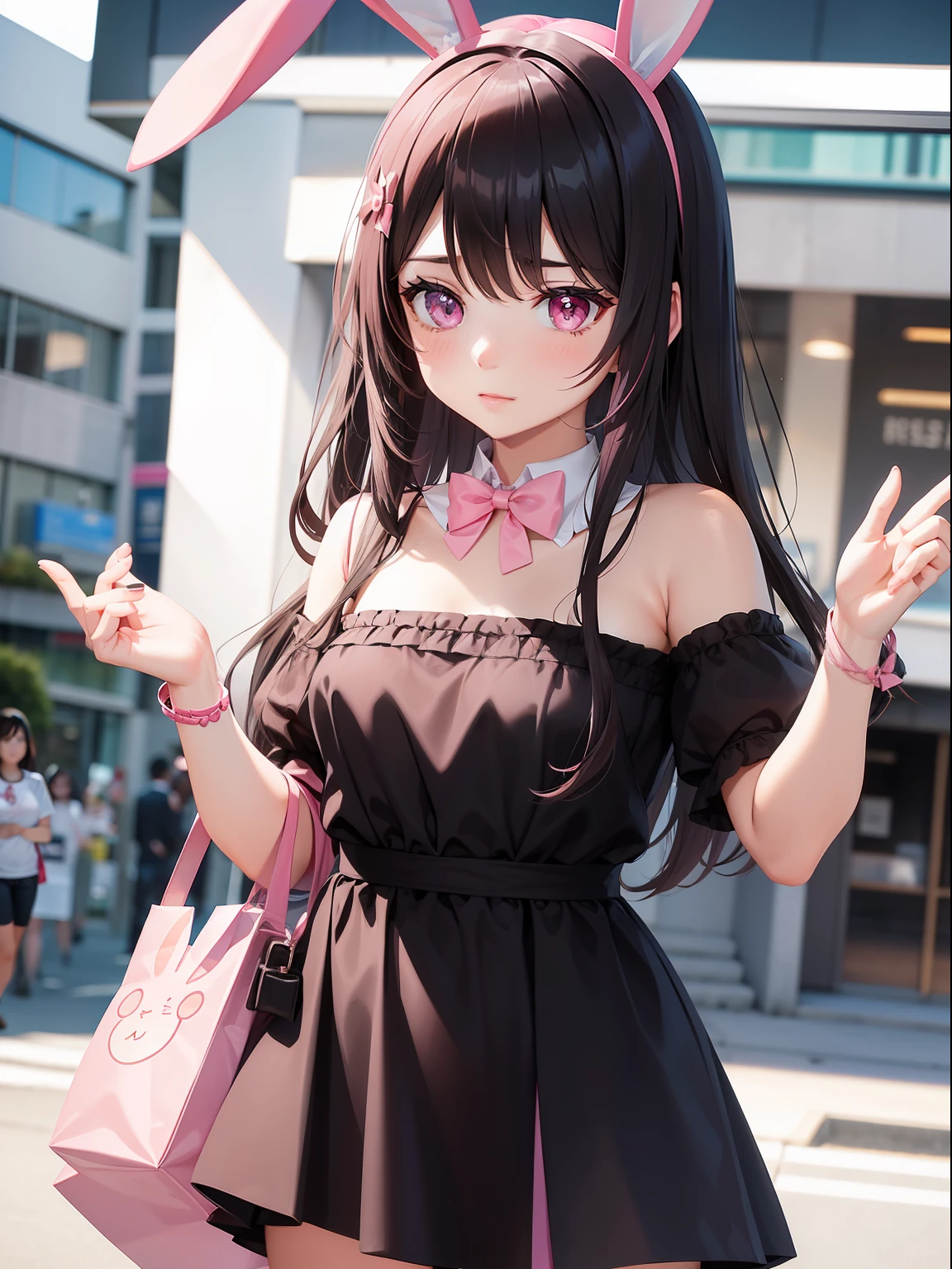 a women, pink bunny ears, black hair, pink eyes, pink dress