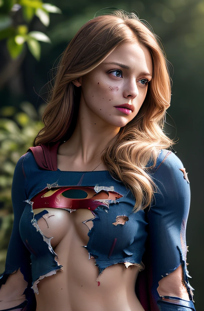 8k, best quality, real picture, intricate details, ultra-detailed, ultra highres, depth field,(photorealistic,realistic:1.2),masterpiece,photo of  european girl, supergirl, (bruise, dirty, torn clothes, revealing clothes, blood:1.3), blue eyes, blonde hair, long hair, ripped cape, ripped pantyhose, superhero, solo, sun, blue sky,
best quality, realistic, photorealistic, (intricate details:1.2), (delicate detailed), (cinematic light), clear line, sharp focus, realistic face, detailed face,
unity 8k wallpaper, ultra high res, (photorealistic:1.4), looking at viewer