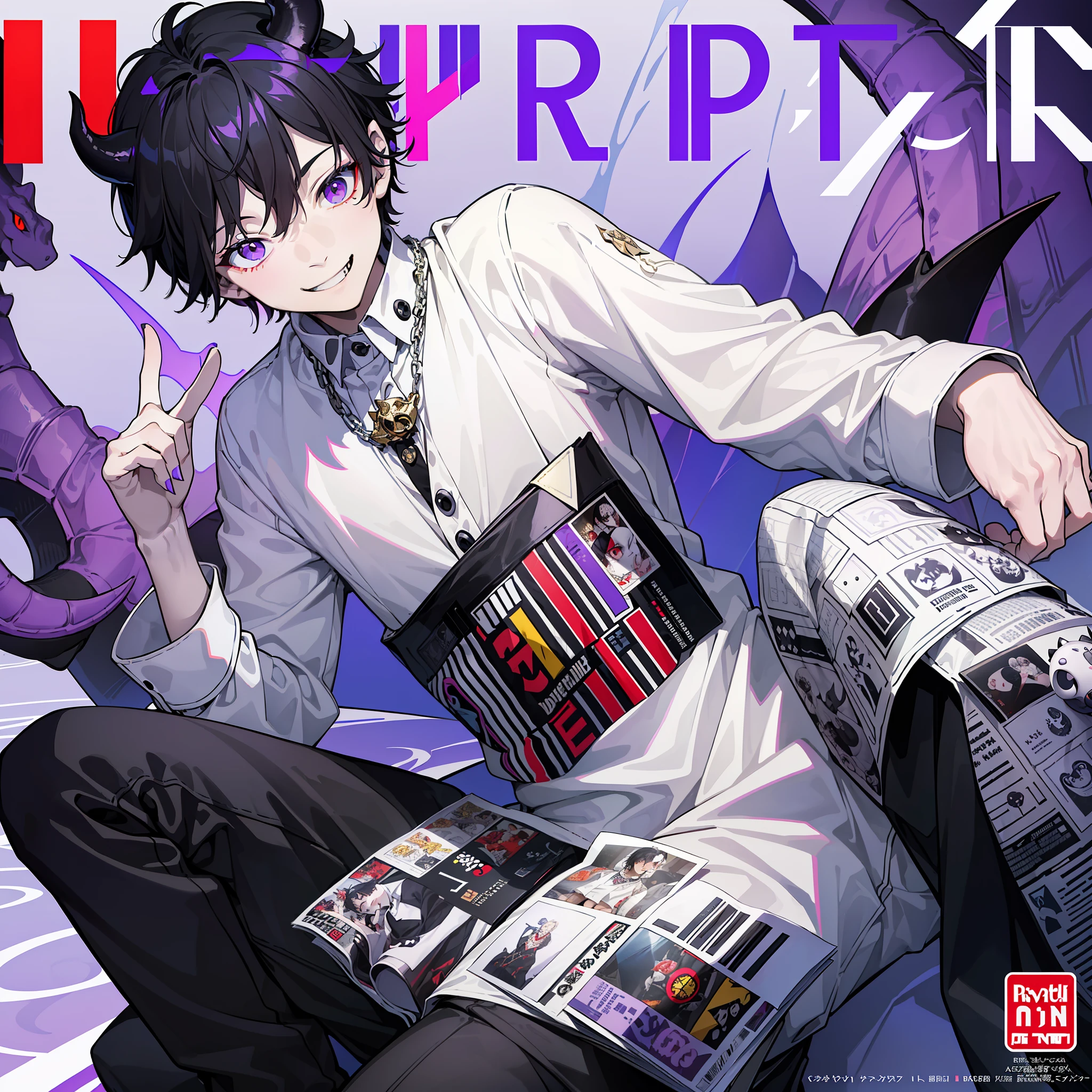 masterpiece, best quality, full body, (ฺBoy Triceratops character), (wearing a white shirt and Patterned black coat and devil accessories), (accessories devil), (black hair with purple highlights), (1boy), (smiling), ((solo)), (magazine:1.3), (cover-style:1.3), fashionable