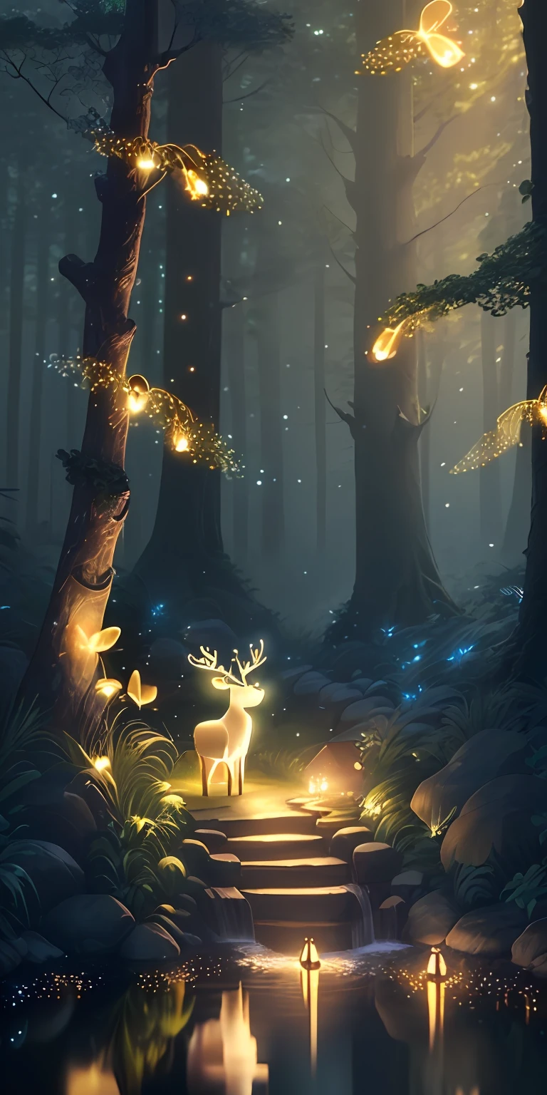 Masterpiece, best quality, (very detailed CG unity 8k wallpaper), (best quality), (best illustration), (best shadows), glow sprite, with a glowing deer, in the swimming pool Drinking water, natural elements in the forest theme. Mysterious forest, beautiful forest, nature, surrounded by flowers, delicate leaves and branches surrounded by fireflies (natural elements), (jungle theme), (leaves), (twigs), (fireflies), (particle effects) etc. 3D , Octane rendering, ray tracing, super detailed