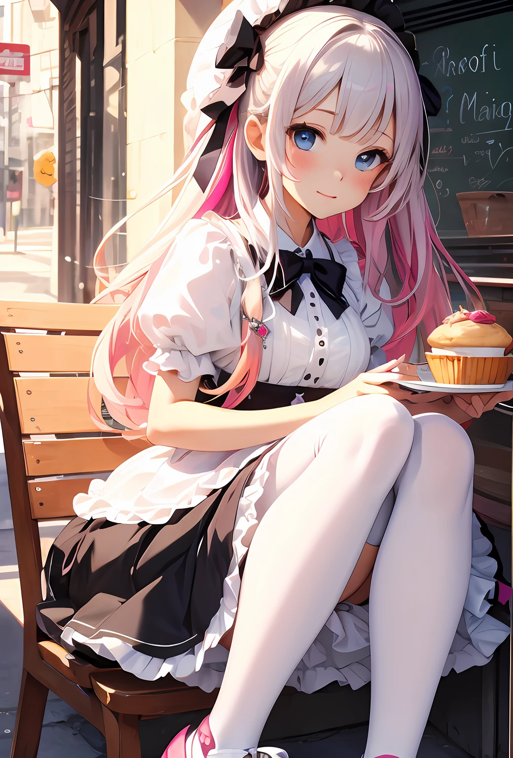 best qualityer,tmasterpiece,Ultimate resolution,downy,Extremely colorful,Colorful,Big high school girl,ta long dress, white stockings,Muffin shoes,Cafe background,closeup of face