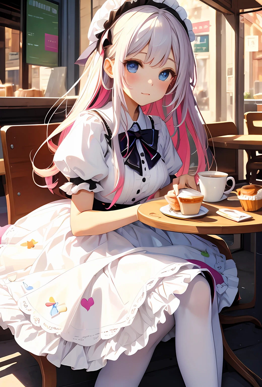 best qualityer,tmasterpiece,Ultimate resolution,downy,Extremely colorful,Colorful,Big high school girl,Lolita long dress, white stockings,Muffin shoes,Cafe background,closeup of face