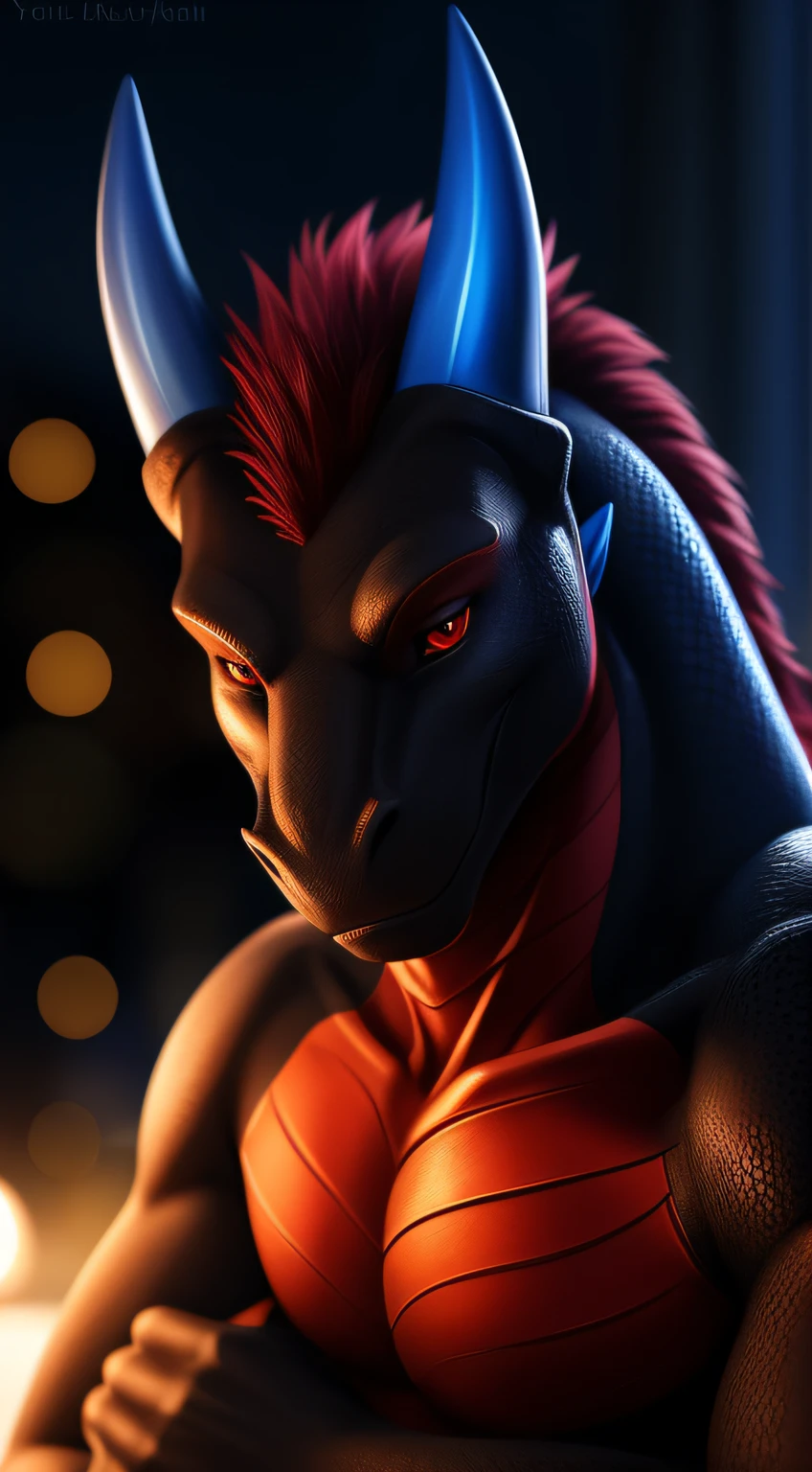 (Masterpiece, best quality, realistic:1), furry, male, lay down on bed - style sexy, hot hands, posing handsome, bedroom, night, expressive, male, (bokeh:1.3), depth of field,(Dragon:1), nice hands, perfect hands, extremely seductive, black body, (red belly chest), only red hair, red eyes, blue horns, looking to the camera,