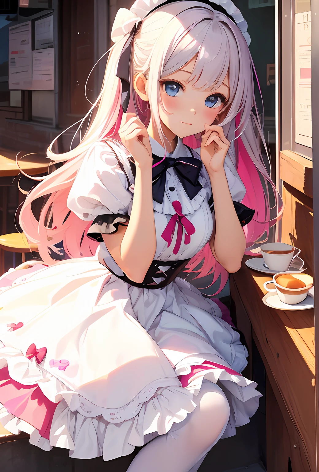 best qualityer,tmasterpiece,Ultimate resolution,downy,Extremely colorful,Colorful,Big high school girl,Lolita long dress, white stockings,Muffin shoes,Cafe background,closeup of face