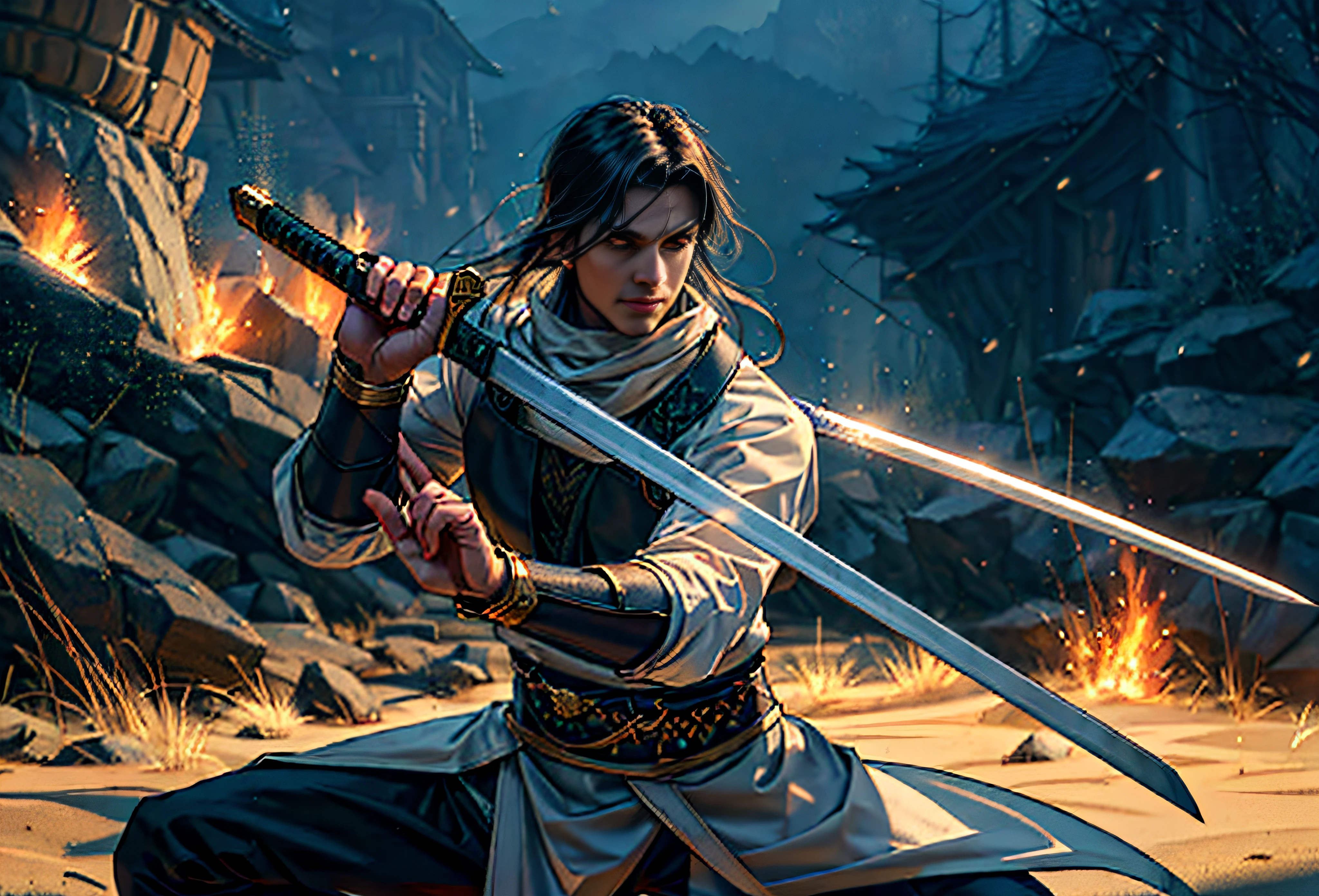 a drawing of a man with a sword in his hand, with large sword, dramatic wielding katana pose, He was holding a katana, dramatic wielding sword pose, Holding a long sword, lineart behance hd, Extremely fine details, White clothes, Black bib, Black bracers, Long black hair, Handsome face, Sharp eyes, Dark gold belt,