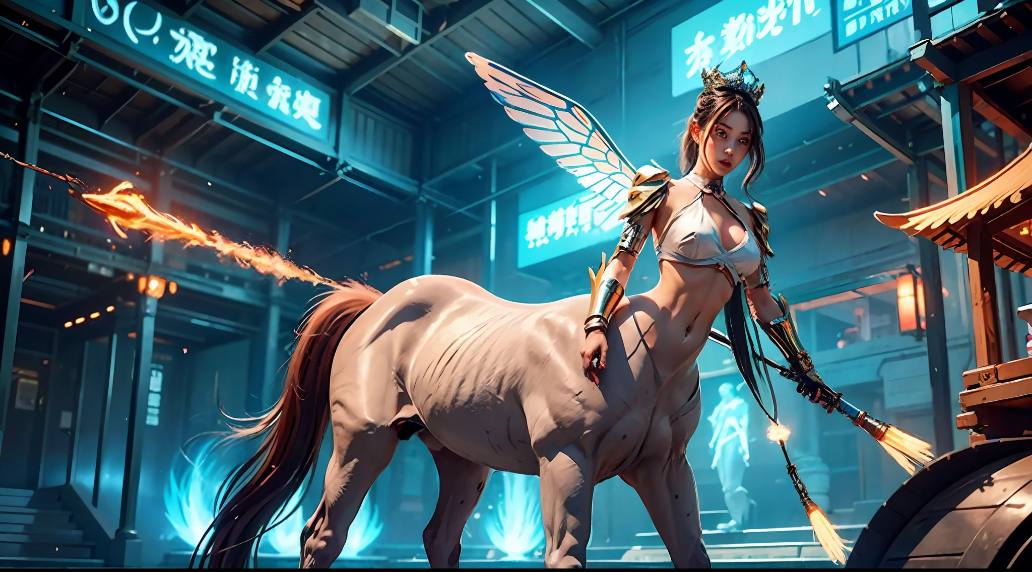 A female centaur，She is famous in the multiverse，She is both a female centaur, half human, half horse, half horse，It is also a female Yingzhao，Her image blends，The head, neck and shoulders of the horse are transformed into beautiful female humans, females, half-centaurs, half-horses, half-humans, half-humans, and human human upper bodies，and a chimera of a female half-horse with a beauty in the female body of the horse's belly，It's like a female human wearing a half-horse-like costume and making a seamless chimera，This chimerization is based on powerful futuristic technology。The ultra-wide-angle lens captures the image of her sleek and ethereal wings charging and leaping on the ionosphere。Her front half is a tall, sexy body with obvious feminine characteristics，Has K cup teardrop-shaped giant tit chest，Small man-waisted butterflies span long legs，The half-horse of the back half of the body is embedded in the front half of the body at the hip position，The horse-shaped half-horse torso form of the back half of the body is completely female and humanized，From the upper end of the sternum, the sexy bent dog style shape of the chest cavity embedded in the lower back position of the beauty body is placed transversely，Then there are the sexy beauty's horizontal waist and abdomen and straight hips，Her entire body has been completely feminized，Includes the half-horse part of the hind body，Mechanized armor covers the knee-shaped anti-joints and feet，And these parts are highly anthropomorphic，This gives her legs a graceful and slender line，She has four slender legs like a supermodel，Under the legs are skinny white feet dressed in Skyscraper Heels，Use Midjourney's advanced stroke tools and color palettes, as well as texture packs, model packs, and texture tools，Concentration，Femaleize all parts of her original equine physiologic appearance，And give these parts an ergonomic appearance，Finely treat the details of tight connections on the structure of the chest, abdominal cavity a