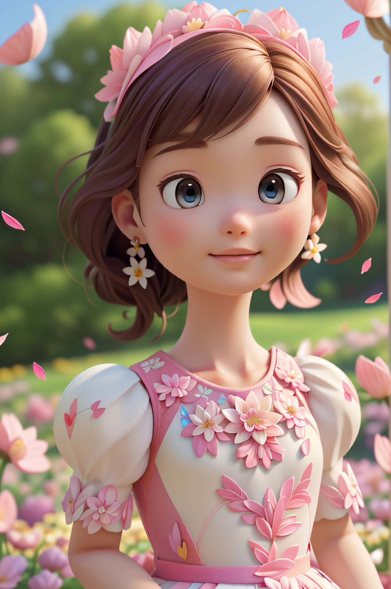 A Barbie princess wearing a lovely pink lightweight dress, hires, extremely detailed, detailed background, diffused natural lighting, (flower field, flower petals, surrounded by flowers:1.4), (zentangle, fractal art:1.3), (many colors, colorful:1.1), face focus), seductive, wind blowing, earrings, wearing detailed exotic clothes, ((Full body shot)), delicate face, white skin, delicate facial features, perfect facial features, delicate hair portrayal, delicate eyes portrayal, 8k picture quality, atmosphere sense, the highest quality, masterwork, extreme detail, high resolution, blurry foreground, foreshortening, Luminism, cinematic lighting, wide shot, Masterpiece, retina, textured skin, anatomically correct, best quality, award winning