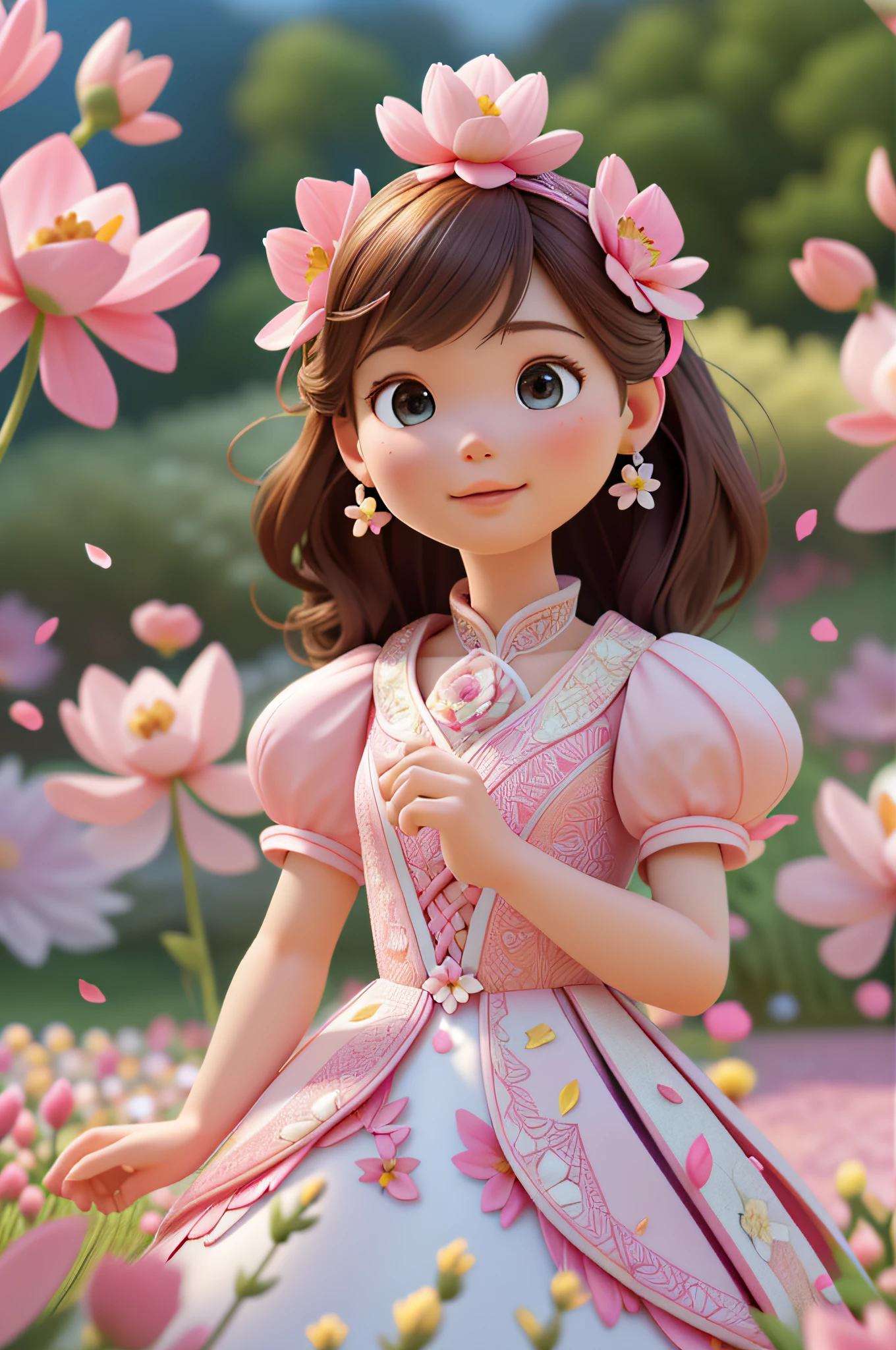 A Barbie princess wearing a lovely pink lightweight dress, hires, extremely detailed, detailed background, diffused natural lighting, (flower field, flower petals, surrounded by flowers:1.4), (zentangle, fractal art:1.3), (many colors, colorful:1.1), face focus), seductive, wind blowing, earrings, wearing detailed exotic clothes, ((Full body shot)), delicate face, white skin, delicate facial features, perfect facial features, delicate hair portrayal, delicate eyes portrayal, 8k picture quality, atmosphere sense, the highest quality, masterwork, extreme detail, high resolution, blurry foreground, foreshortening, Luminism, cinematic lighting, wide shot, Masterpiece, retina, textured skin, anatomically correct, best quality, award winning