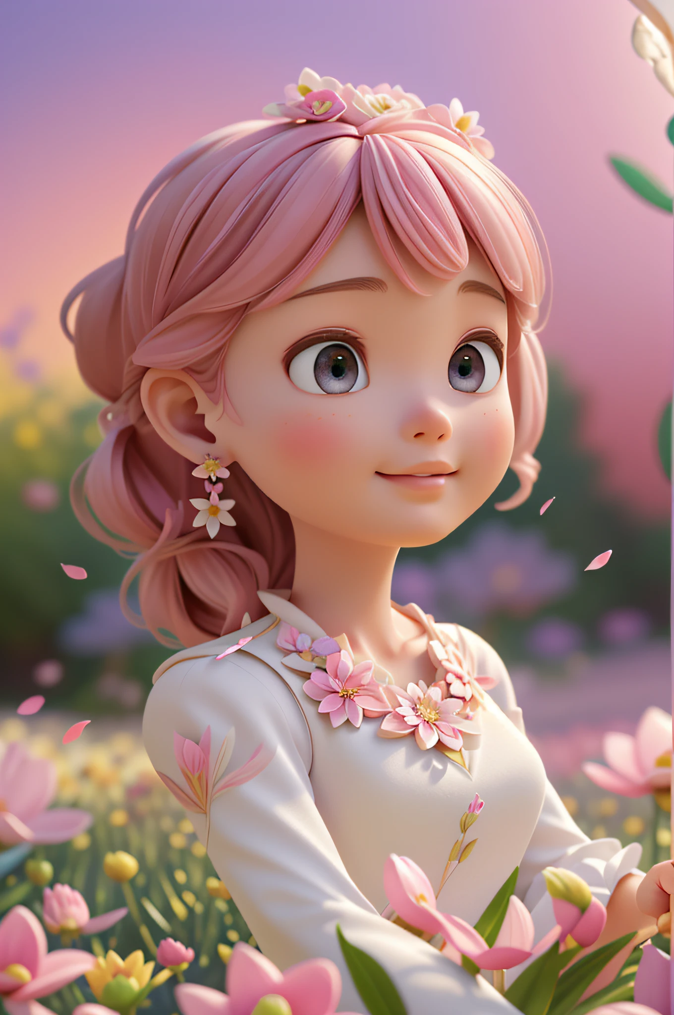 A Barbie princess wearing a lovely pink lightweight dress, hires, extremely detailed, detailed background, diffused natural lighting, (flower field, flower petals, surrounded by flowers:1.4), (zentangle, fractal art:1.3), (many colors, colorful:1.1), face focus), seductive, wind blowing, earrings, wearing detailed exotic clothes, ((Full body shot)), delicate face, white skin, delicate facial features, perfect facial features, delicate hair portrayal, delicate eyes portrayal, 8k picture quality, atmosphere sense, the highest quality, masterwork, extreme detail, high resolution, blurry foreground, foreshortening, Luminism, cinematic lighting, wide shot, Masterpiece, retina, textured skin, anatomically correct, best quality, award winning