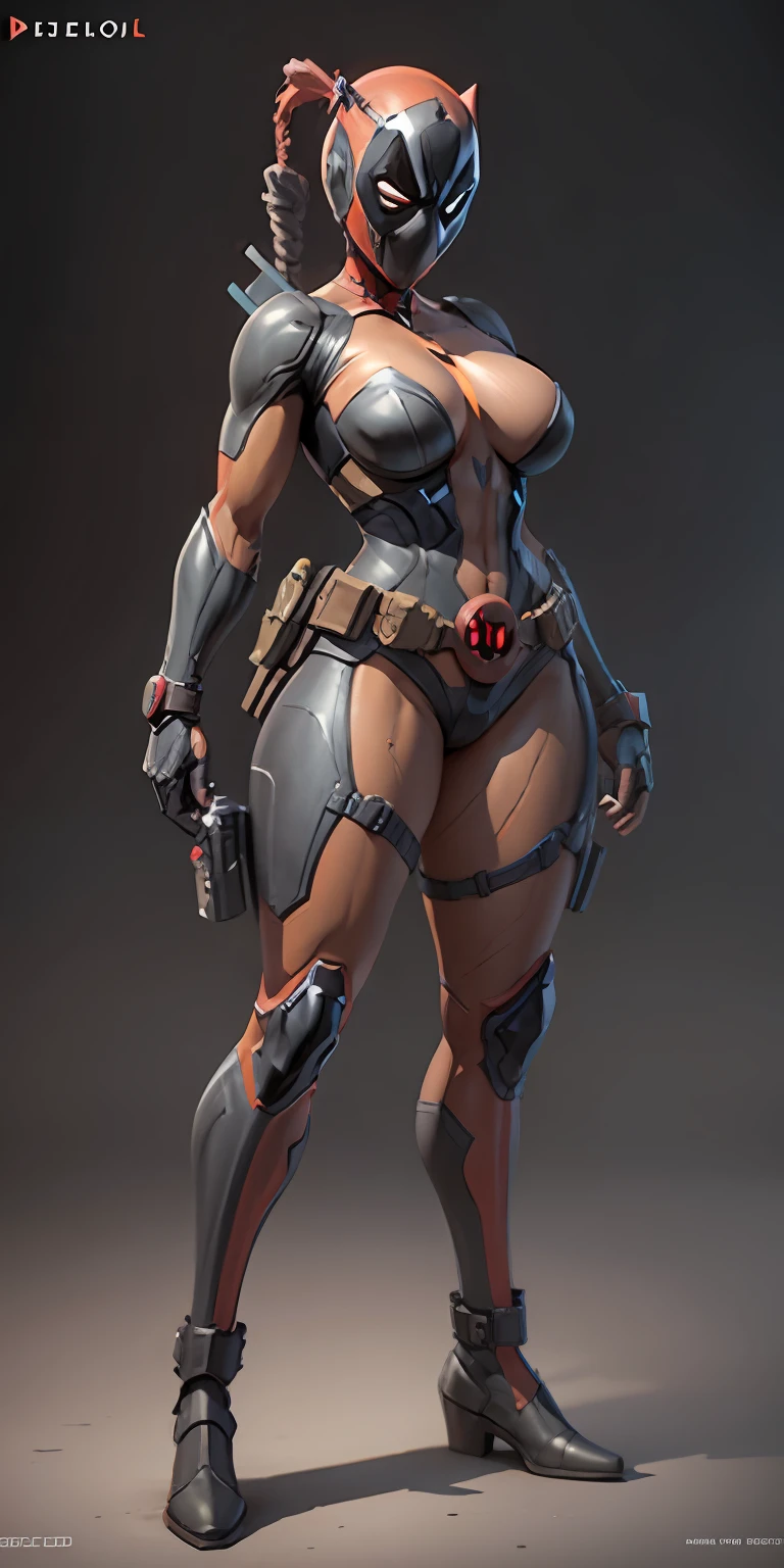 female Deadpool from Marvel, big breasts, frontal, full-length, looking at the camera, facing the audience, standing pose, simple background, three-dimensional light, detailed full-body concept, sleek digital concept art, beautiful full-body concept art, art trend, CGsociety full-length,
