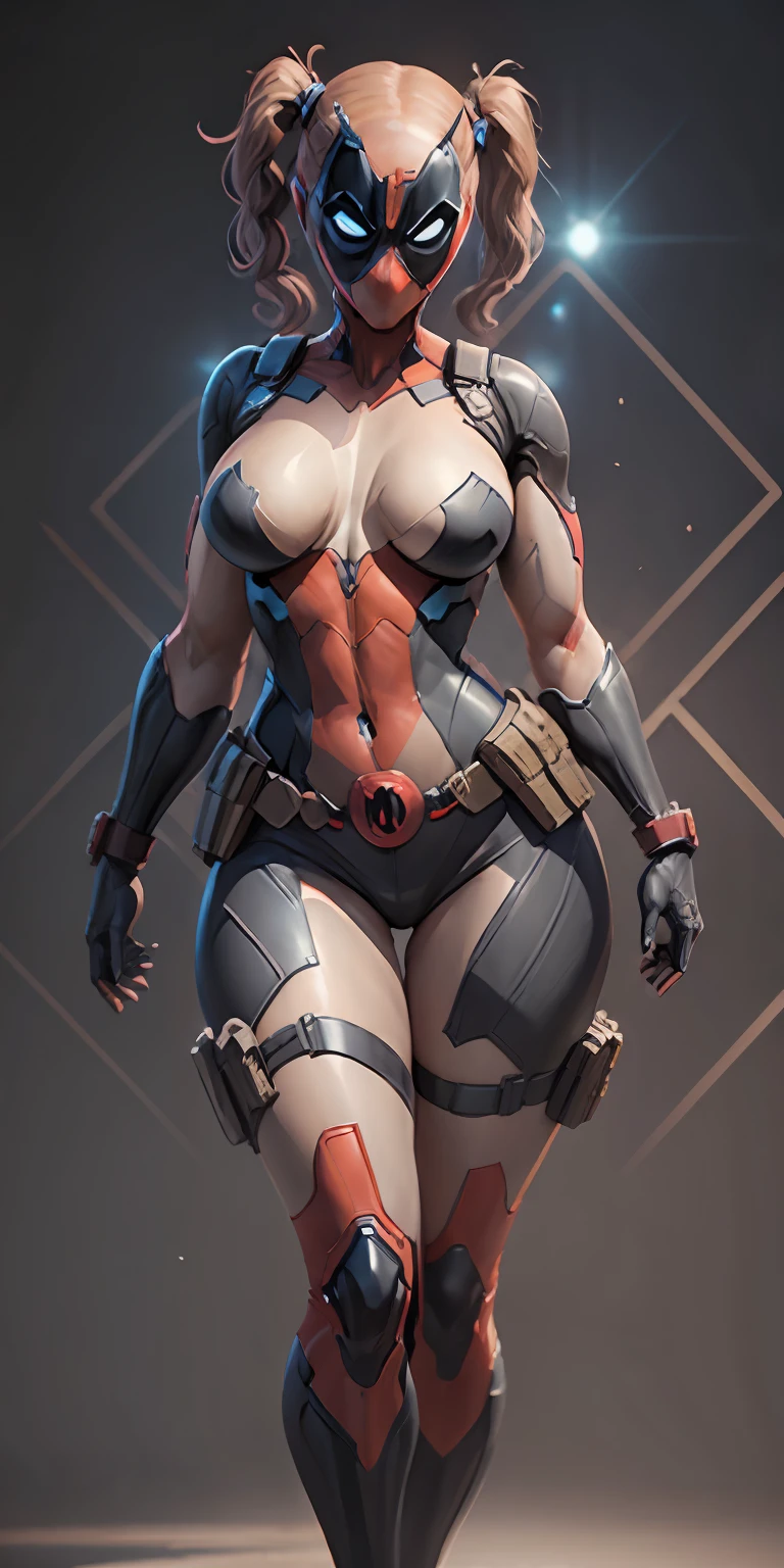female Deadpool from Marvel, big breasts, frontal, full-length, looking at the camera, facing the audience, standing pose, simple background, three-dimensional light, detailed full-body concept, sleek digital concept art, beautiful full-body concept art, art trend, CGsociety full-length,