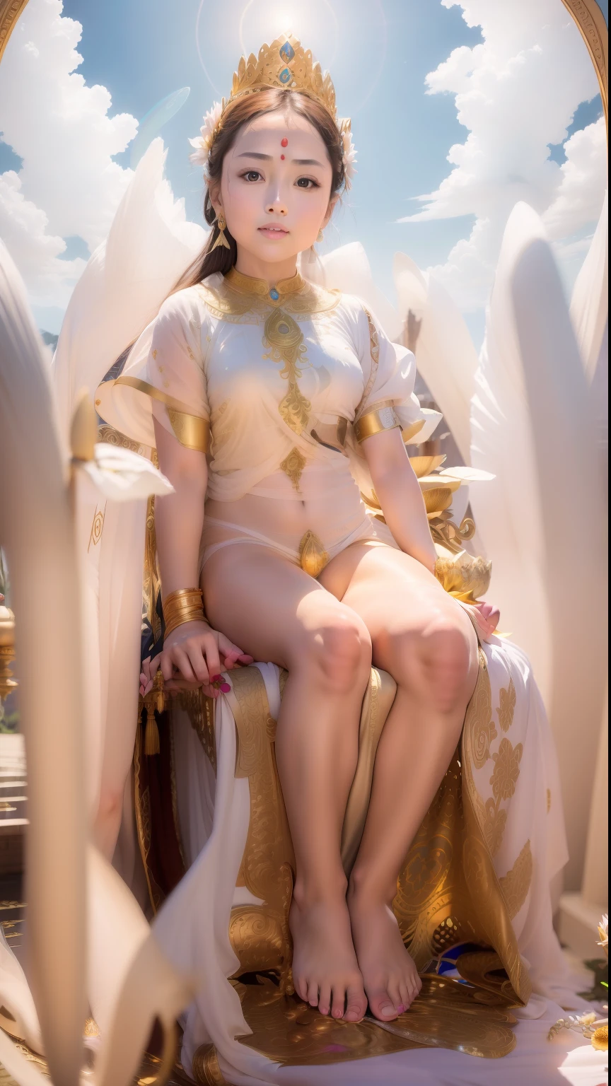In the void, girl sitting leisurely in a garden wonderland,Five-colored cloudy sky,Perfect body posture,Barefoot,Beautiful eyes sparkle,The large, Jewel-like eyes sparkle,Clear pupils have reflected light,二重まぶた,Lying silkworm,((Plump and rosy lips))Nipples clearly visible,((Flushed cheeks)),The mandible is plump,Fair skin is delicate and smooth,Delicate skin translucent,A delicate and dexterous crown,inlaid gemstones,Exquisite and ingenious,inlaid gemstones,Sitting on a light red lotus in the air,look straight at the camera,(((nice hand))),((((Good feet))),(((good legs))),realisticlying,white skinned,((Correct body structure)),White clothing,decorated in white,baiyun,Blue sky,Head background with round light,Behind him is a colorful rainbow circle,Color glow is turned on,Front lighting,Positive light,No shadows on the face,There are no shadows on the body,Blue sky,Unreal space,ethereal world,dreamworld,with blue sky and white clouds,tmasterpiece,4K,ultra-definition,professional photoshooting,Standard lens shooting,