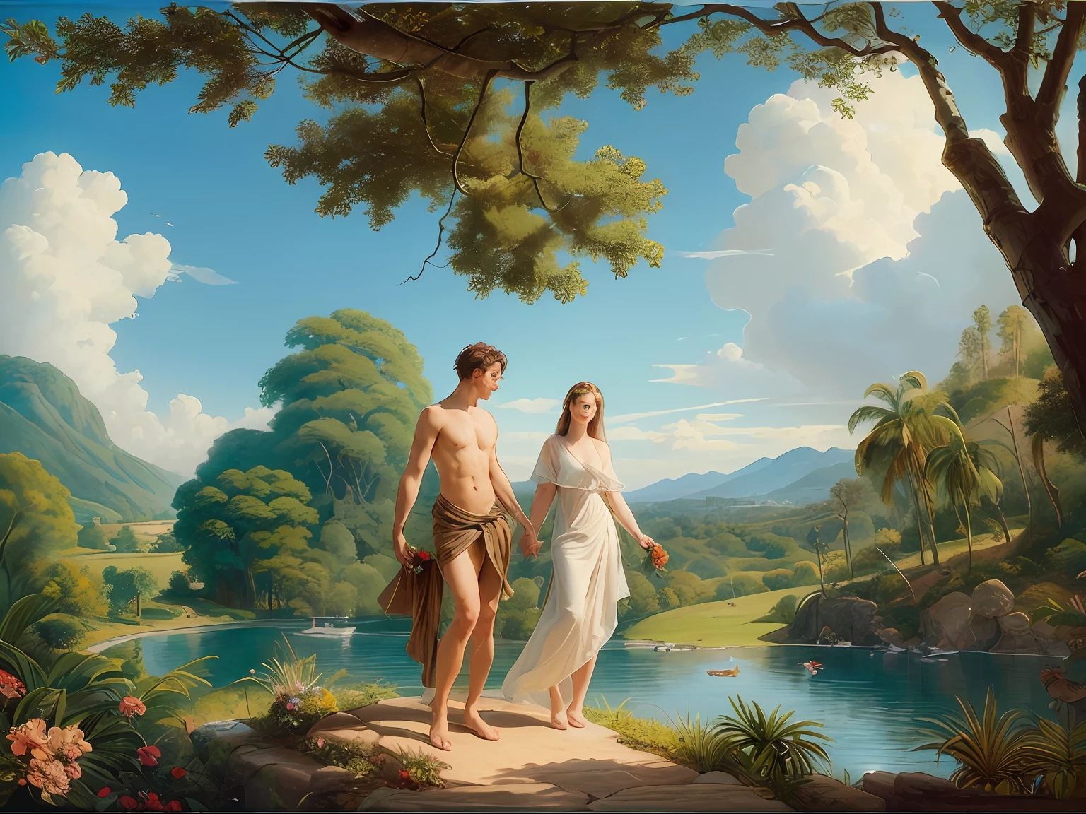 (Adam and Eve in the Garden of Eden as written in the Bible), high quality painting, soft lighting, warm and vibrant colors, beautiful scenery, crystal clear water, lush flora, white clouds sliding across the sky, bright midday sun.