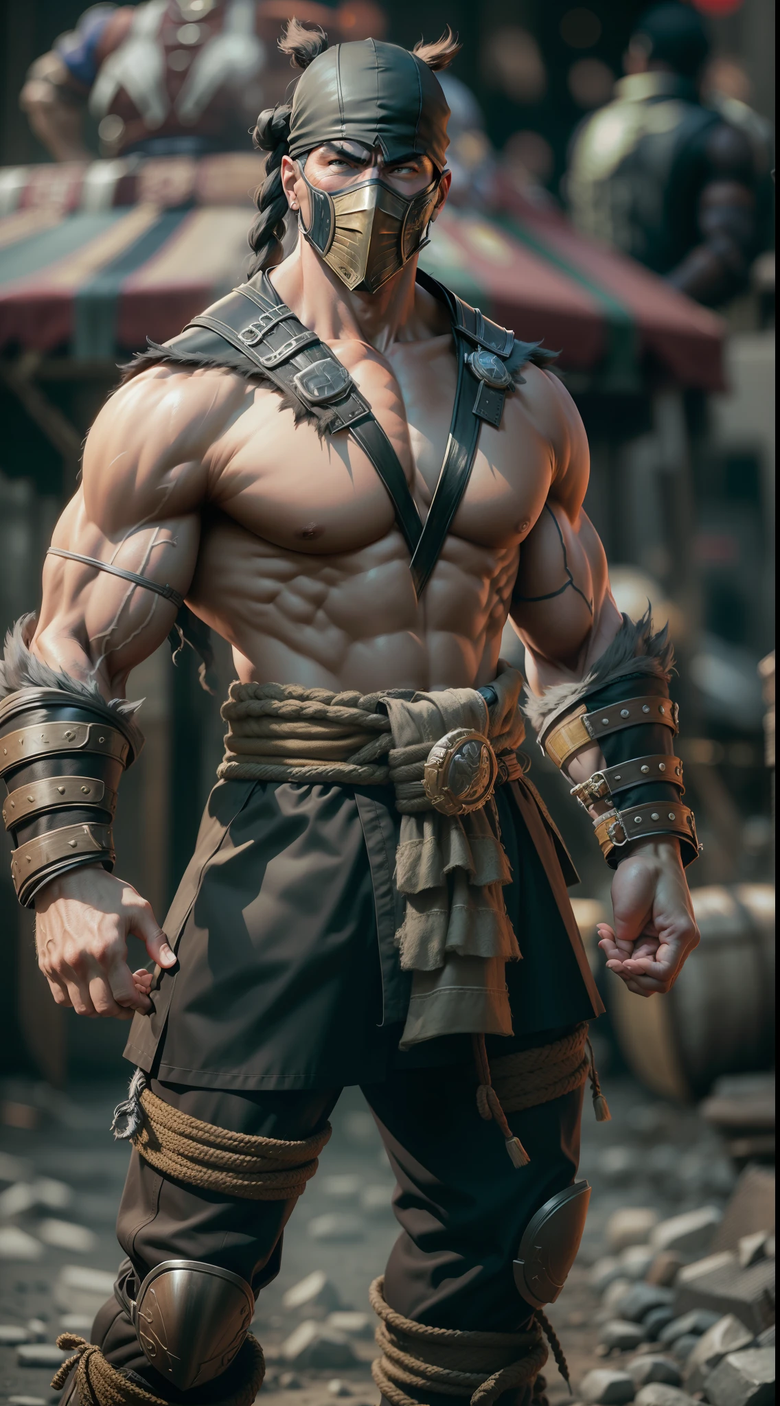 mortal kombat man character , super strong, muscular,a chaotic world in the background, 35mm lens, photography, ultra details, precise texture details HDR, UHD,64K,