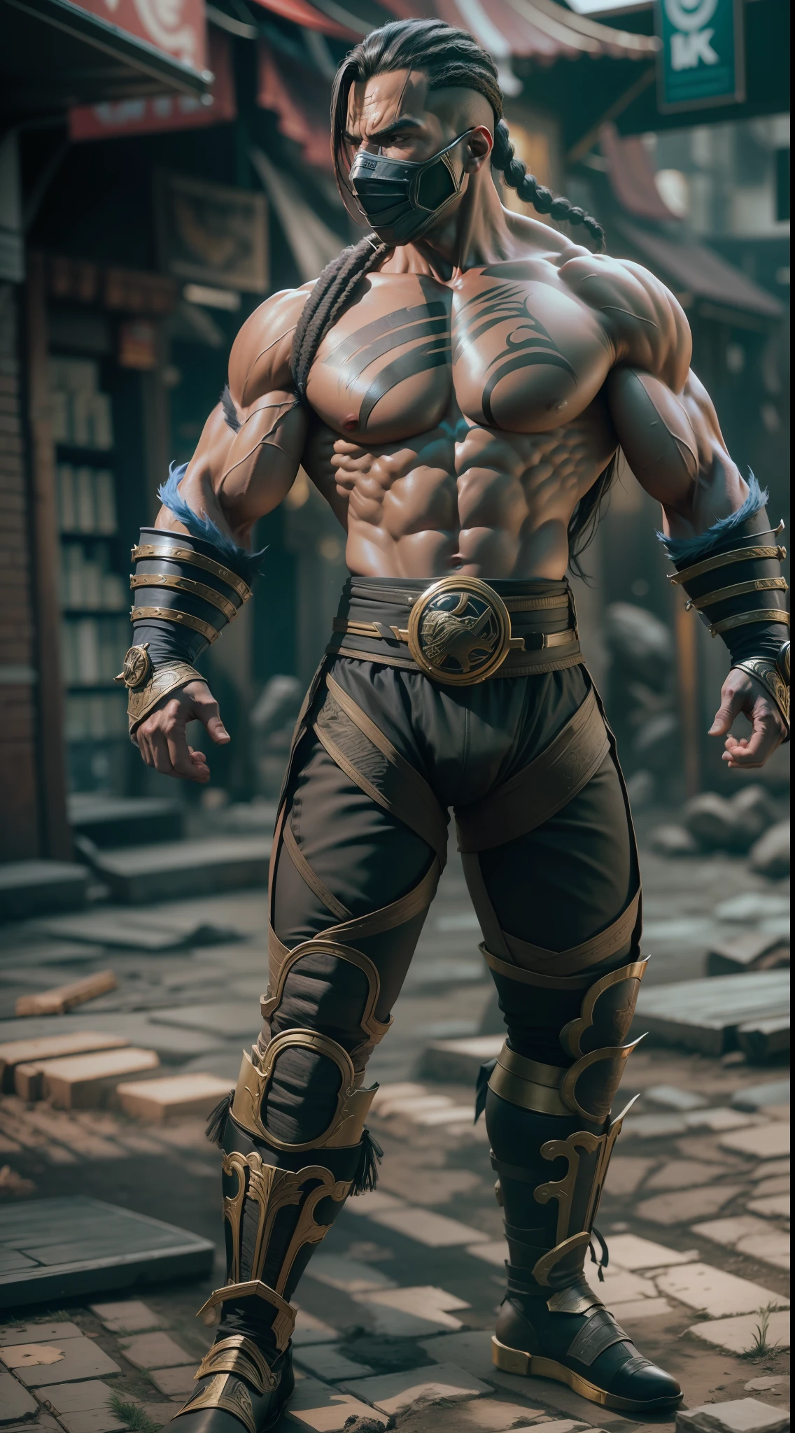 mortal kombat man character , super strong, muscular,a chaotic world in the background, 35mm lens, photography, ultra details, precise texture details HDR, UHD,64K,