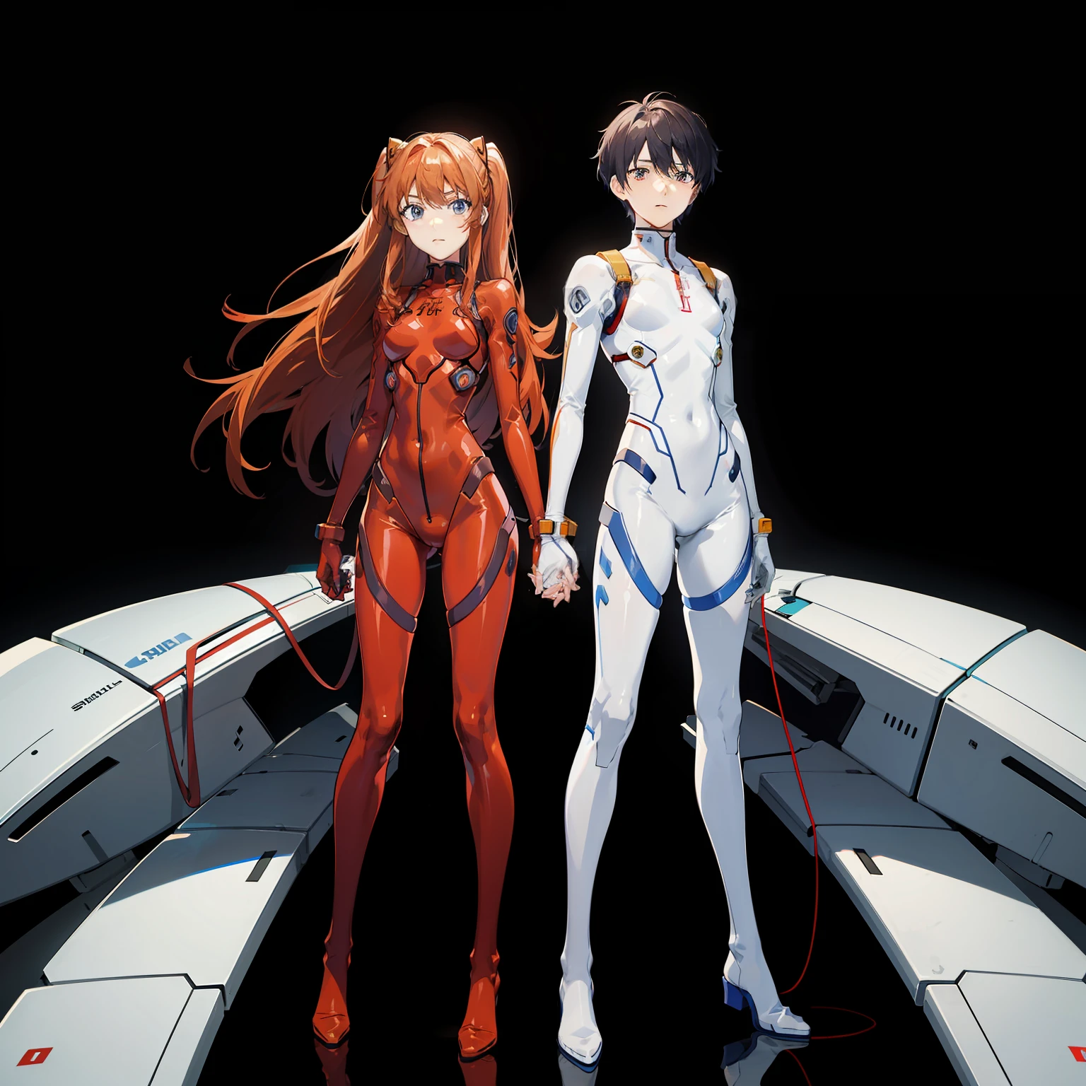 Asuka Langley, femele, Lovers holding hands, and Shinji Ikari, A Man,Men and women are the same height, Woman wears a red plug suit, Men wear white and blue plug suits, men's hair is short and black,,,,Both are short in stature.Both men and women wear futuristic bodysuits.