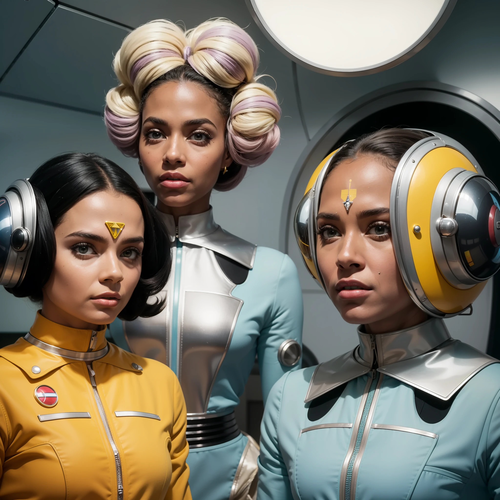 4k image from a 1960s science fiction film by Wes Anderson, Filme O Grande Hotel Budapeste, pastels colors, Black woman in the background and two people wearing retrofuturistic alien masks and holding colorful suitcases and chests on the bus, Retro-futuristic fashion clothes from the 60s with old robots, Luz Natural, Psicodelia, futurista estranho, retro-futurista, photo-realistic, Sharp background details.