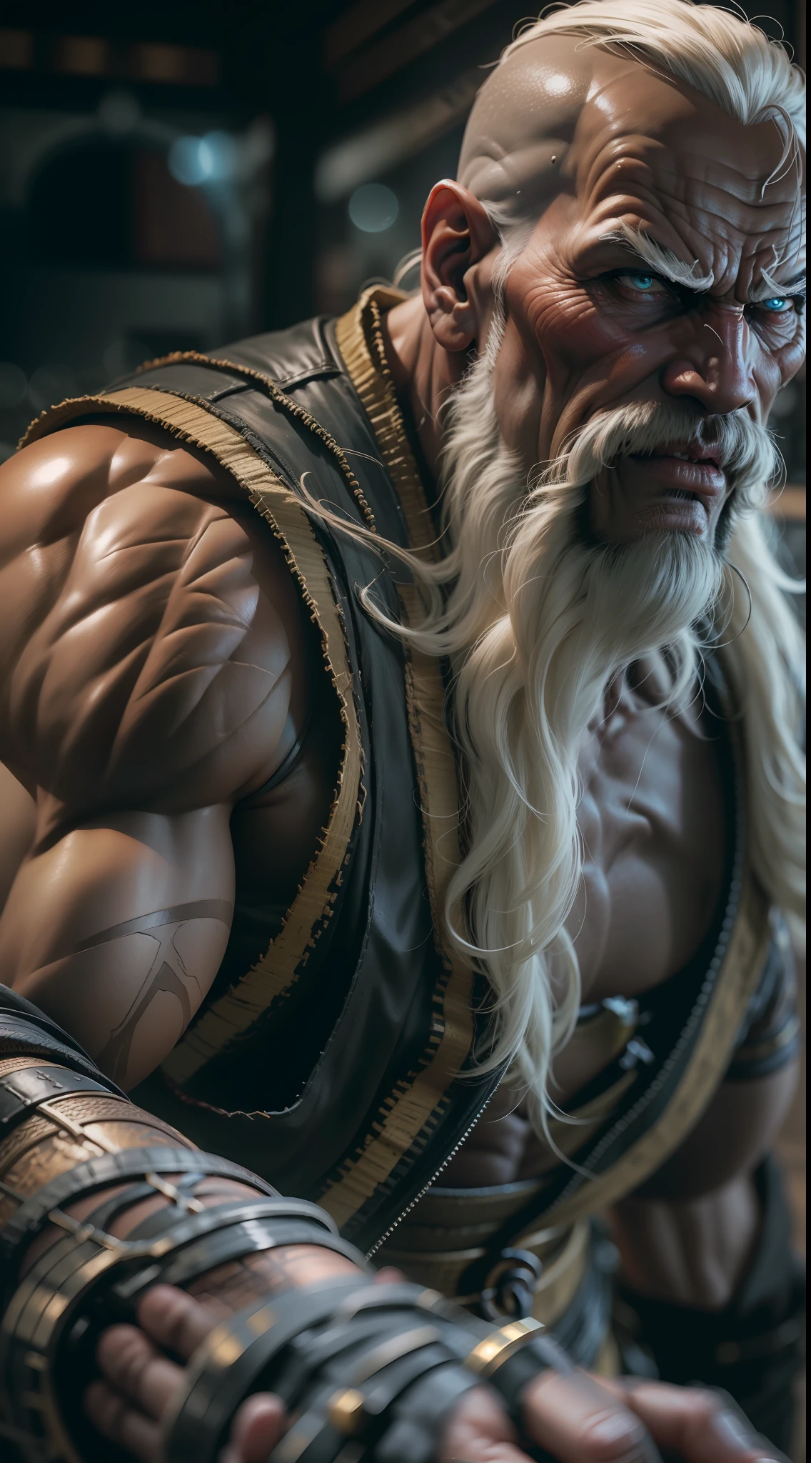 mortal kombat old man character , super strong, muscular,a chaotic world in the background, 35mm lens, photography, ultra details, precise texture details HDR, UHD,K,