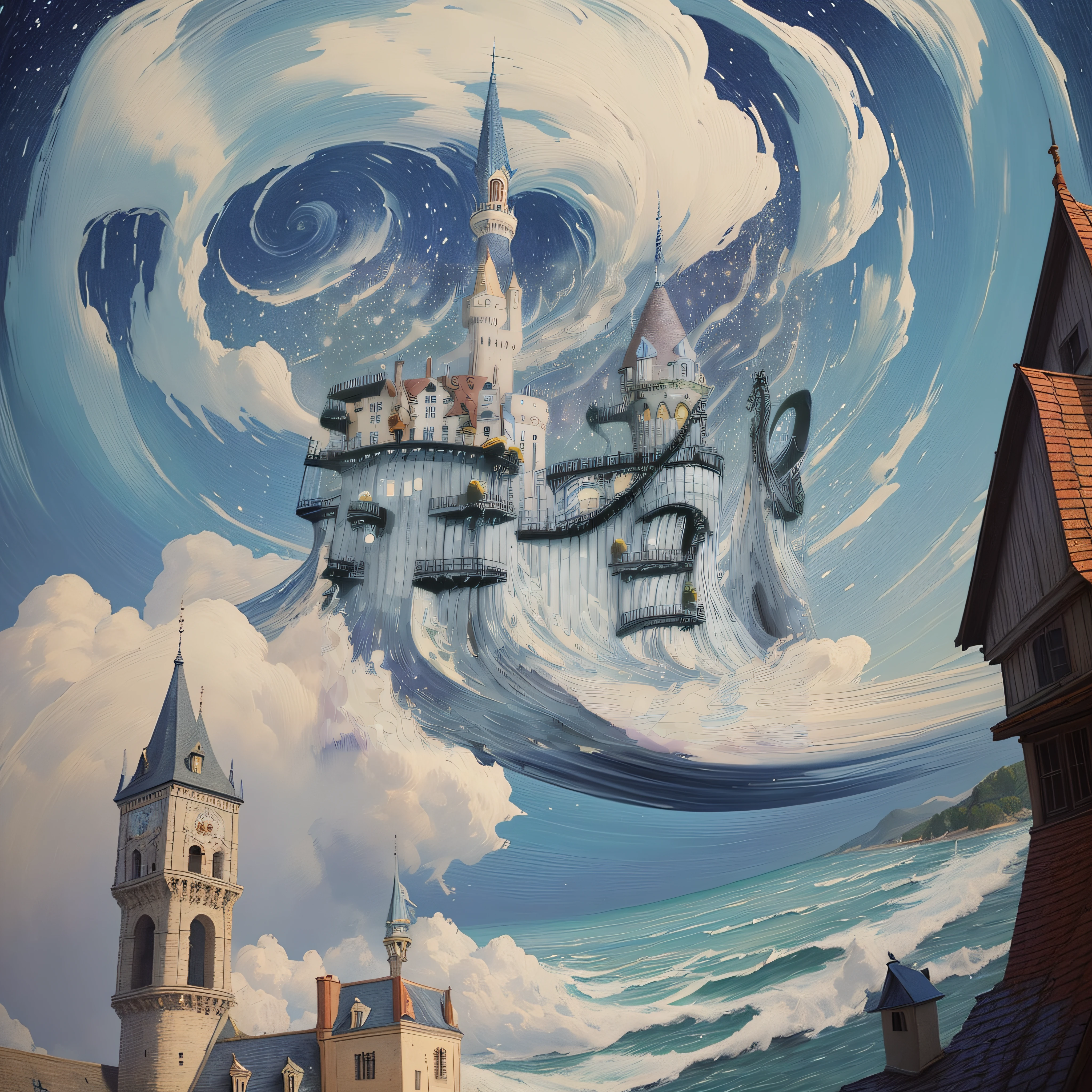 In a Van Gogh-inspired oil painting, the castle's swirling, vivid colors breathed life into its towering walls. Expressionist brushstrokes captured the structure's grandeur, while star-speckled skies echoed the artist's signature style.