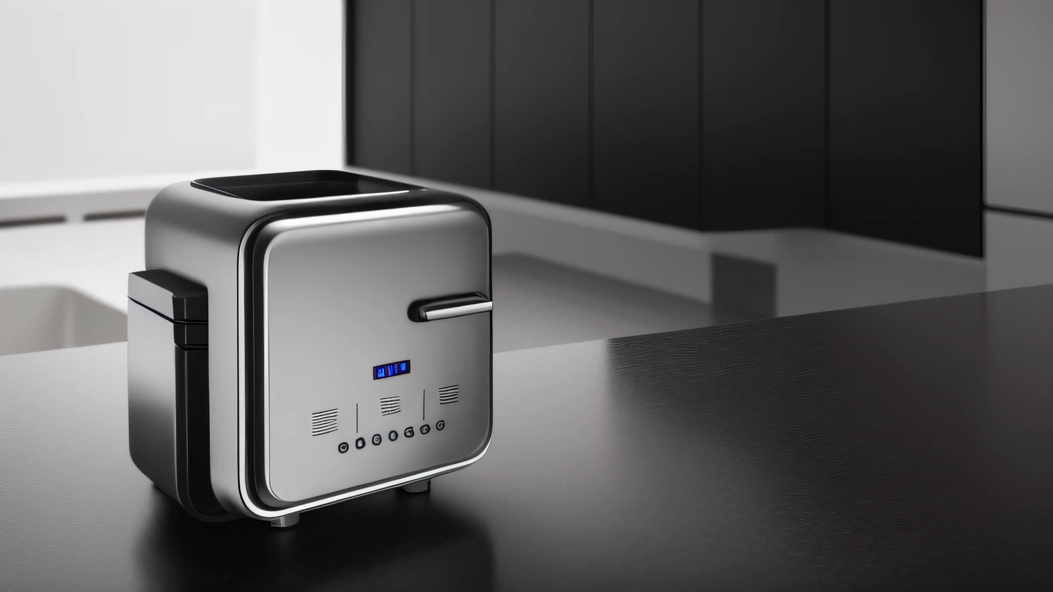 The kitchen counter has a black and silver coffee machine,Black and white countertops,Black and silver countertops,Dalof Ipukar,unreal engine rendered,computer render,hyper photorealism,