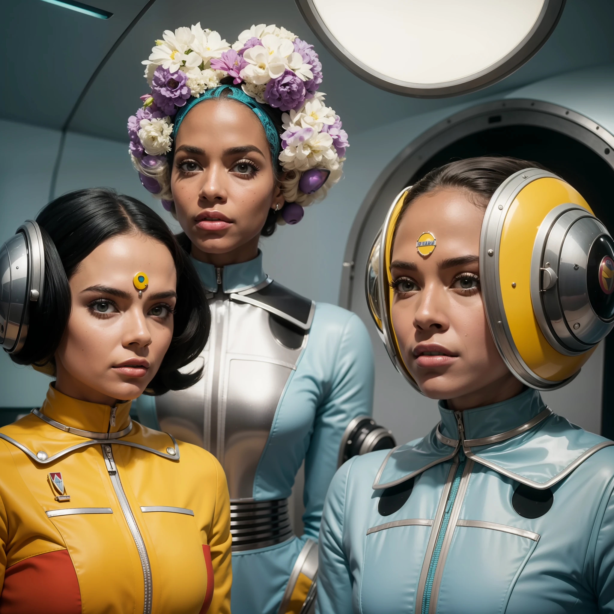 4k image from a 1960s science fiction film by Wes Anderson, Filme O Grande Hotel Budapeste, pastels colors, Black woman in the background and two people wearing retrofuturistic alien masks and holding colorful suitcases and chests on the bus, Retro-futuristic fashion clothes from the 60s with old robots, Luz Natural, Psicodelia, futurista estranho, retro-futurista, photo-realistic, Sharp background details.