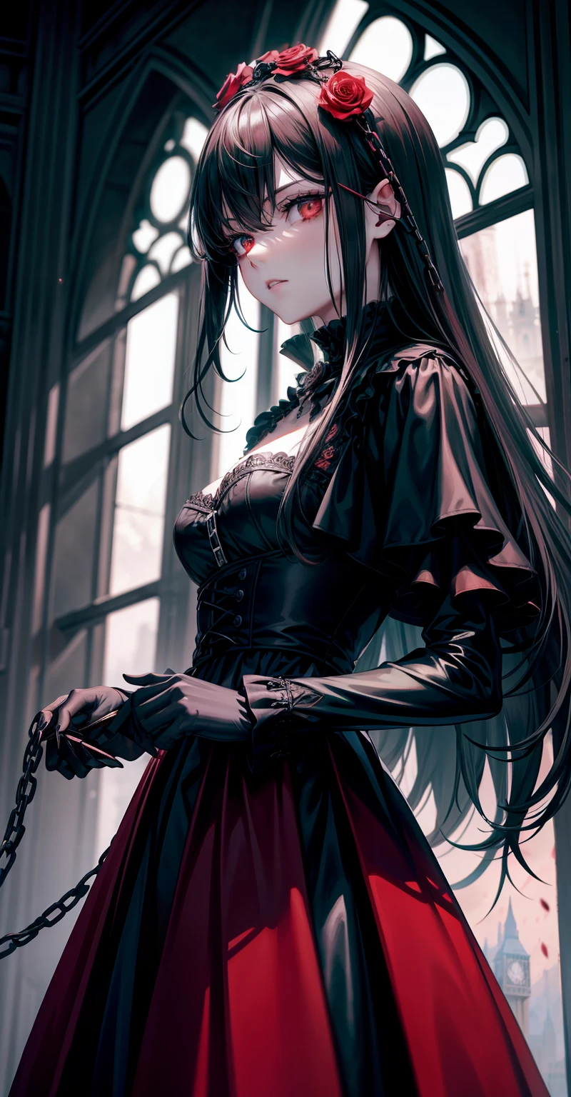 best qualityer,High-gloss dark style,A thriller masterpiece,Black-white-gray drawing,Bloody moonlight,The Skeleton Man is back,Embrace the sky with open hands,The ground was covered in blood,Death is at hand,The end of London,Bell tower with chain,Blood red cloak,red color eyes,Poignant,style of anime,Rose flower,Gothic mature aristocratic lady,a matural female。