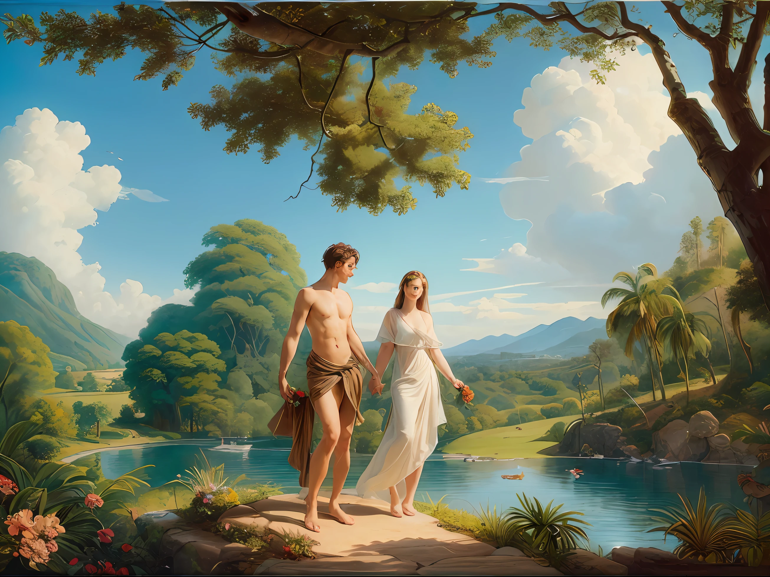(Adam and Eve in the Garden of Eden as written in the Bible), high quality painting, soft lighting, warm and vibrant colors, beautiful scenery, crystal clear water, lush flora, white clouds sliding across the sky, bright midday sun.