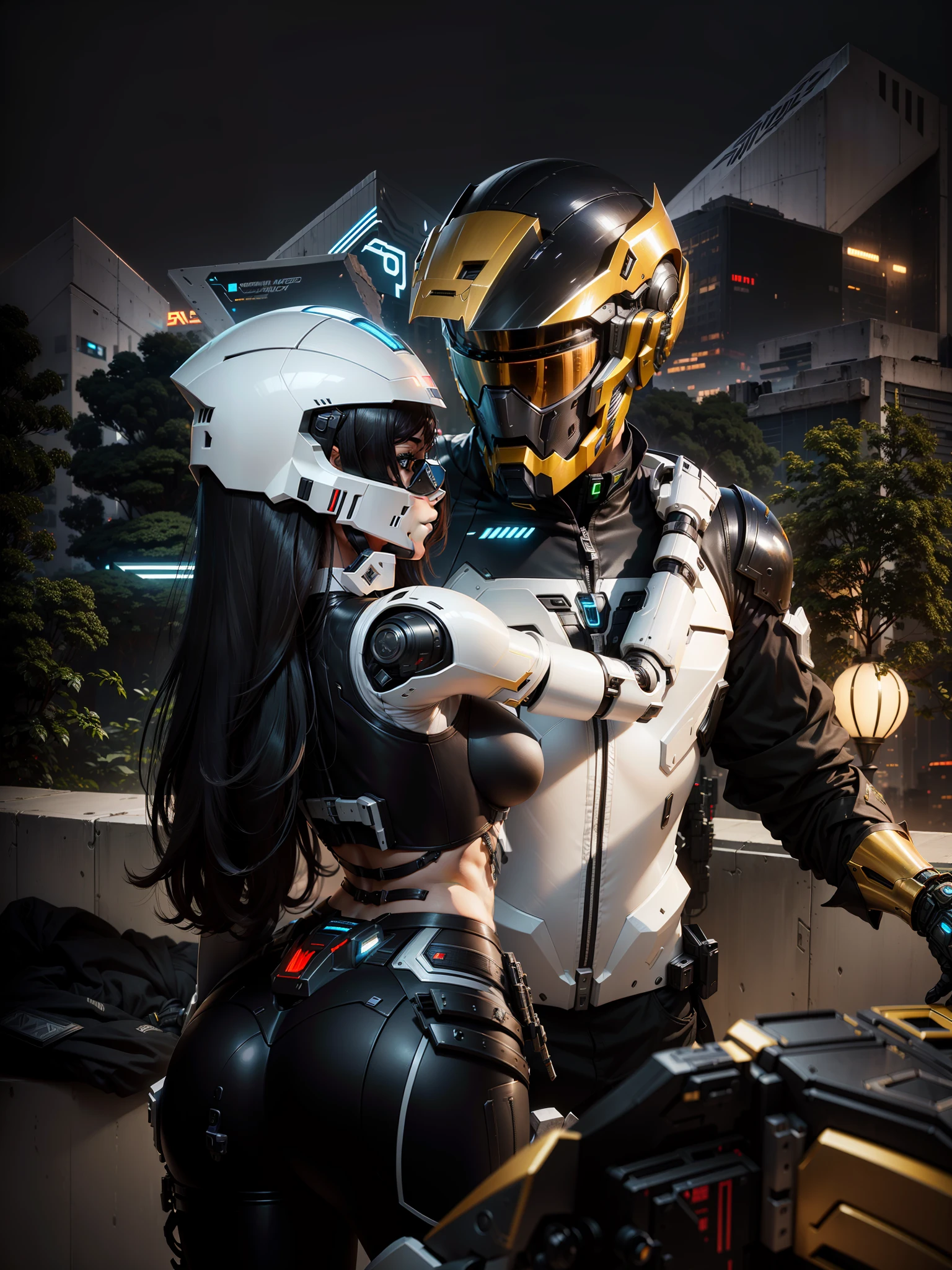 Sexy cyberpunk female knight and handsome cyberpunk male warrior,Costume de mecha,Sophisticated white tech helmet,Nousr, Biomechanicals, MSHN Robot Woman,High-tech helmet,hyper realisitc, Steel, Complex design, insanely details, finely detailled, Extremely clear lines, cinmatic lighting, photograph realistic, A detailed masterpiece