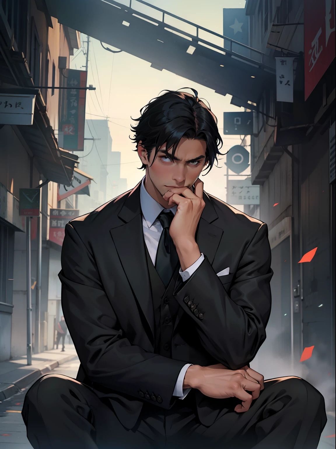 Overbearing president，In black suit，sitted，Hand on cheek，with short black hair，