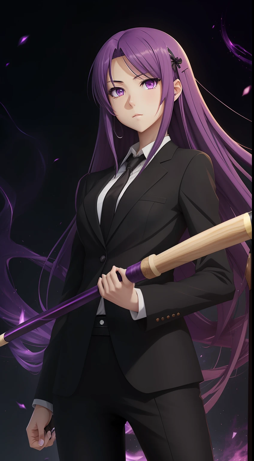 anime girl with long purple hair, holding a metal bat, wearing a black suit, anime style 2d,4k, purple aura