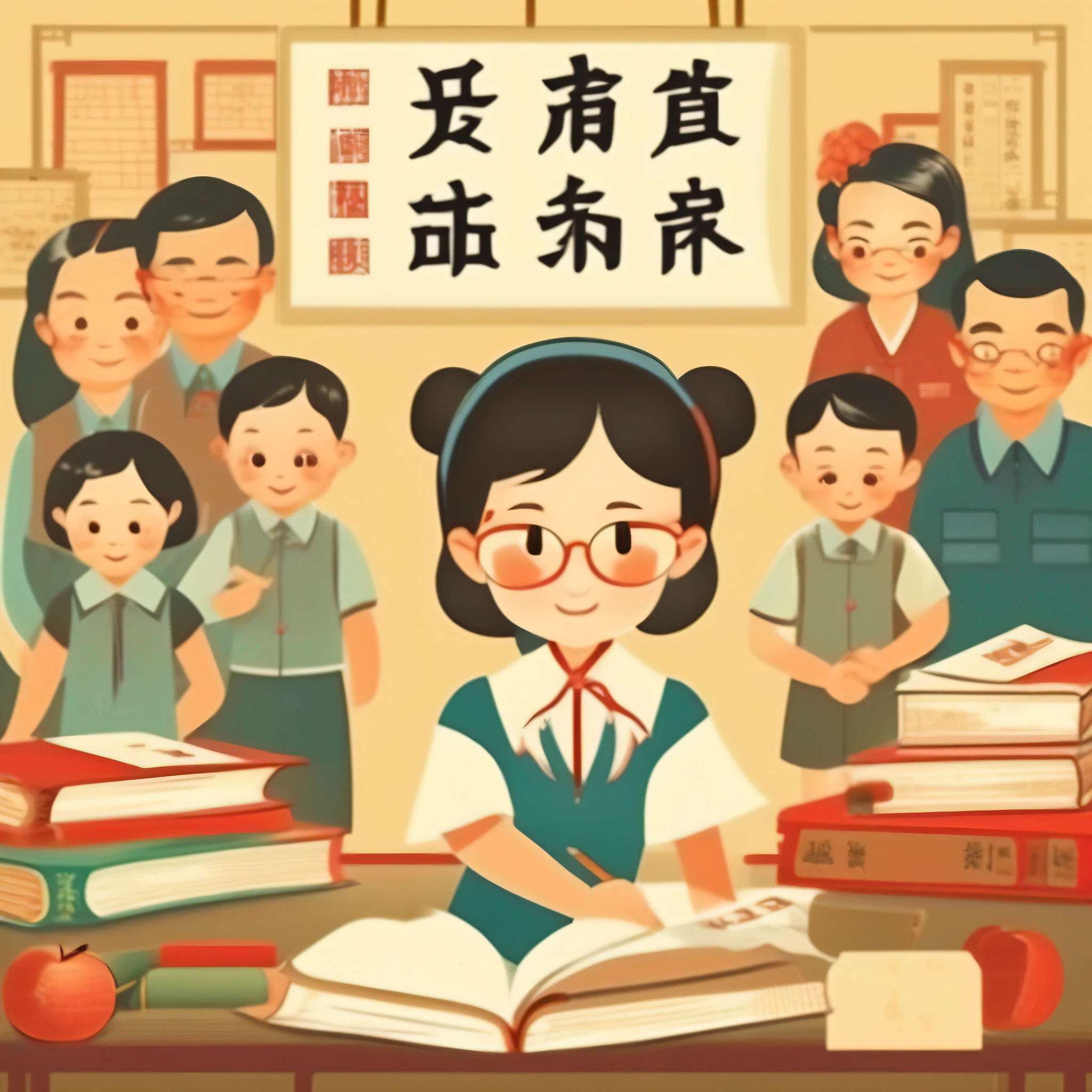 Teacher's Day poster，Chinese teacher，Vintage poster of the last century，Illustration of Chinese and Chinese textbooks