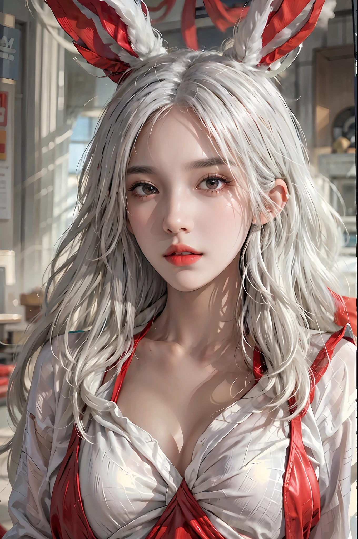 photorealistic, high resolution, 1women, solo, hips up, look at viewer, (detailed face), white hair, long hair, red playboy bunny outfit