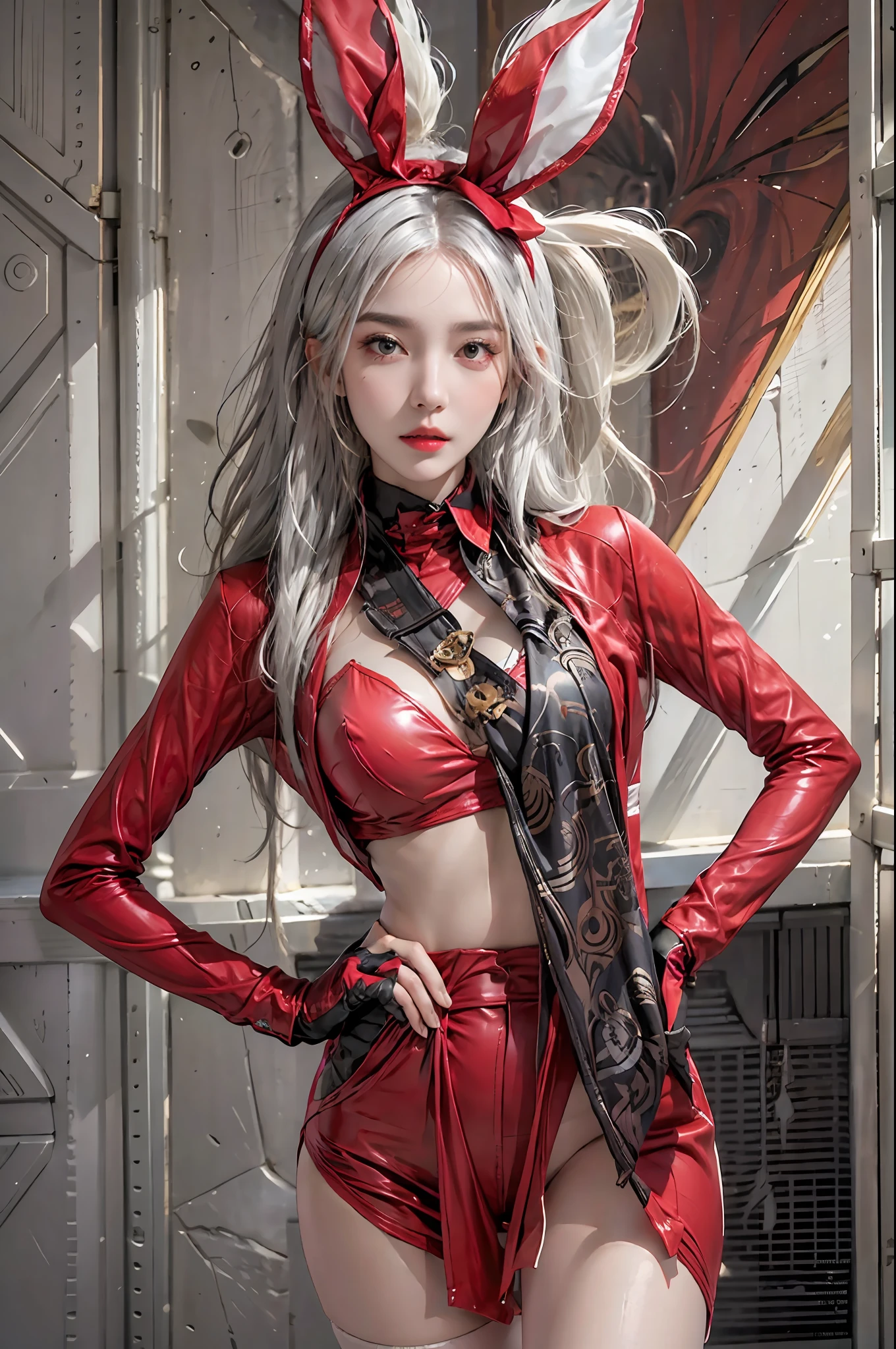 photorealistic, high resolution, 1women, solo, hips up, look at viewer, (detailed face), white hair, long hair, red playboy bunny outfit