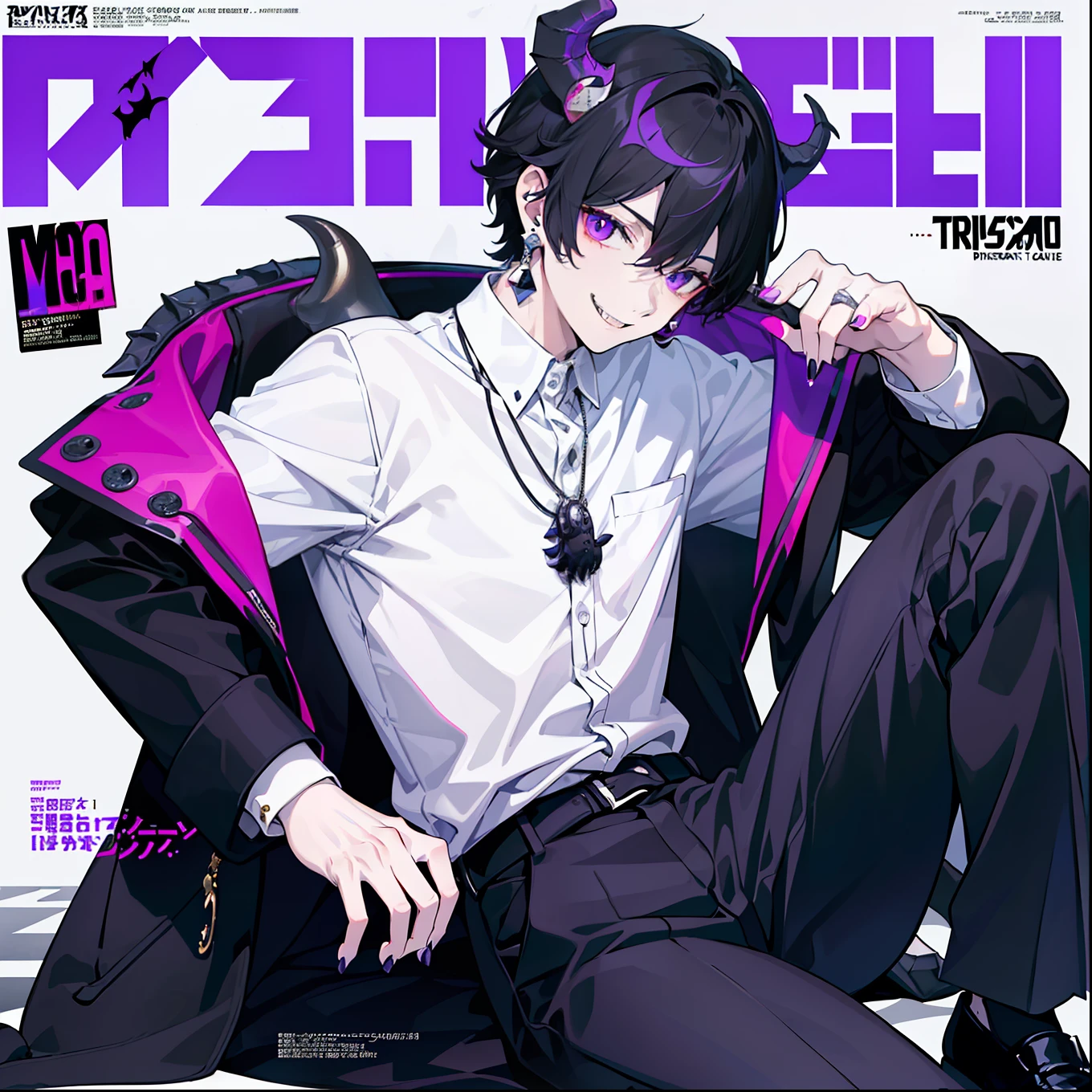 masterpiece, best quality, full body, (ฺBoy Triceratops character), (handsome, sharp) (wearing a white shirt and black coat), (accessories devil), (wear devil necklace), (devil earrings), (black hair with purple highlights), (1boy), (smiling), ((solo)), (magazine:1.3), (cover-style:1.3), fashionable
