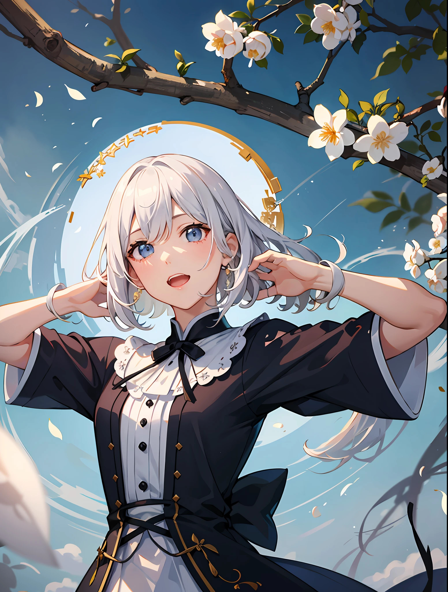 (tmasterpiece,best qualtiy:1.6),White lace dress,The upper part of the body,cowboy lens,beuaty girl,(blossoms,many small white petals:1.3),trpical garden,blue-sky,looking at viewert,offcial art,RAW photogr,Incredibly Ridiculous res,face illuminated,动态照明,cinmatic lighting,Ultra photo realsisim,A high resolution,photography of,Sharp focus,highest details,extremy detailed,ultra - detailed,finedetail,Extremely detailed eyes and face,