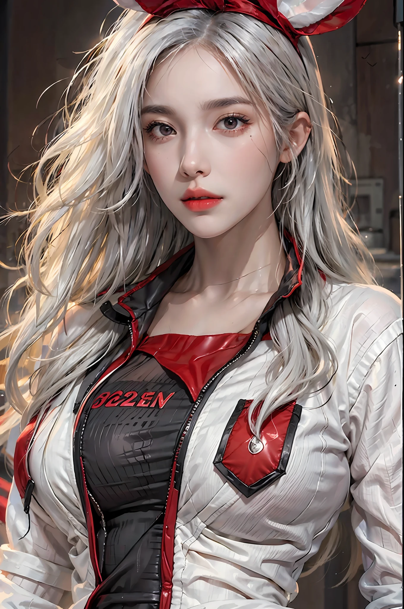photorealistic, high resolution, 1women, solo, hips up, look at viewer, (detailed face), white hair, long hair, red playboy bunny outfit