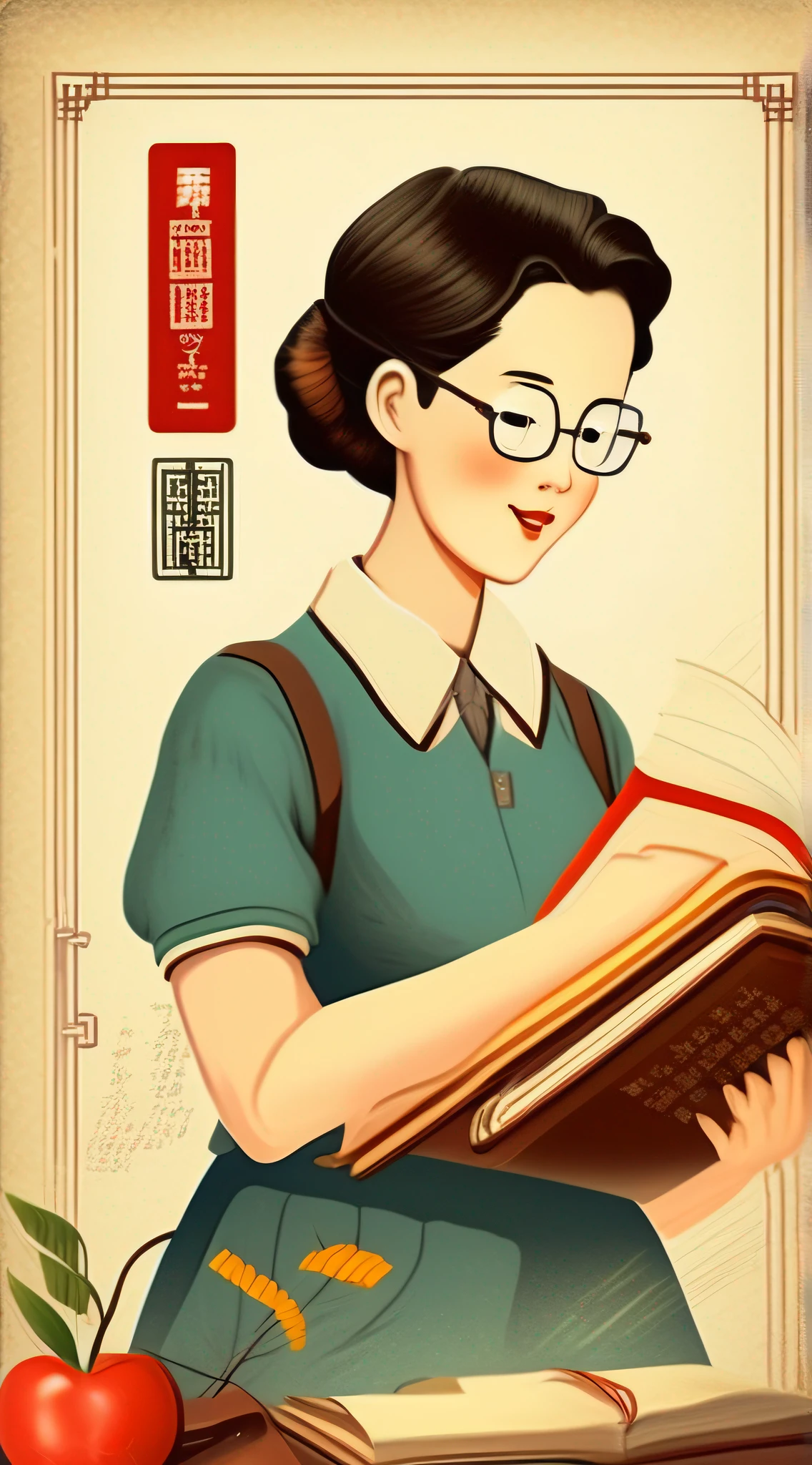 Teacher's Day poster,Chinese teacher,Vintage poster of the last century,Illustration of Chinese and Chinese textbooks