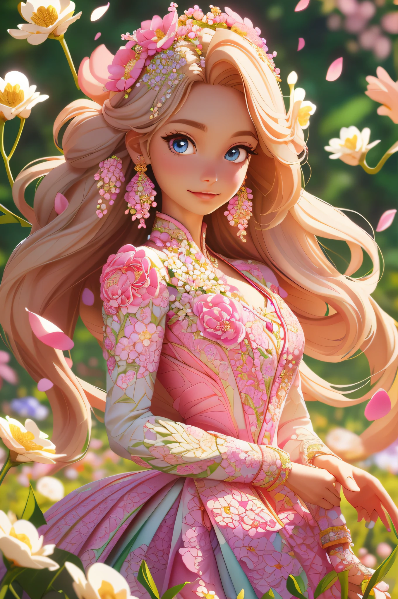 A Barbie princess wearing a lovely pink lightweight dress, hires, extremely detailed, detailed background, diffused natural lighting, (flower field, flower petals, surrounded by flowers:1.4), (zentangle, fractal art:1.3), (many colors, colorful:1.1), face focus), seductive, wind blowing, earrings, wearing detailed exotic clothes, ((Full body shot)), delicate face, white skin, delicate facial features, perfect facial features, delicate hair portrayal, delicate eyes portrayal, 8k picture quality, atmosphere sense, the highest quality, masterwork, extreme detail, high resolution, blurry foreground, foreshortening, Luminism, cinematic lighting, wide shot, Masterpiece, retina, textured skin, anatomically correct, best quality, award winning