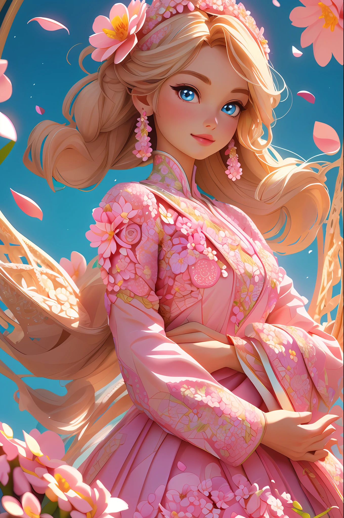 A Barbie princess wearing a lovely pink lightweight dress, hires, extremely detailed, detailed background, diffused natural lighting, (flower field, flower petals, surrounded by flowers:1.4), (zentangle, fractal art:1.3), (many colors, colorful:1.1), face focus), seductive, wind blowing, earrings, wearing detailed exotic clothes, ((Full body shot)), delicate face, white skin, delicate facial features, perfect facial features, delicate hair portrayal, delicate eyes portrayal, 8k picture quality, atmosphere sense, the highest quality, masterwork, extreme detail, high resolution, blurry foreground, foreshortening, Luminism, cinematic lighting, wide shot, Masterpiece, retina, textured skin, anatomically correct, best quality, award winning