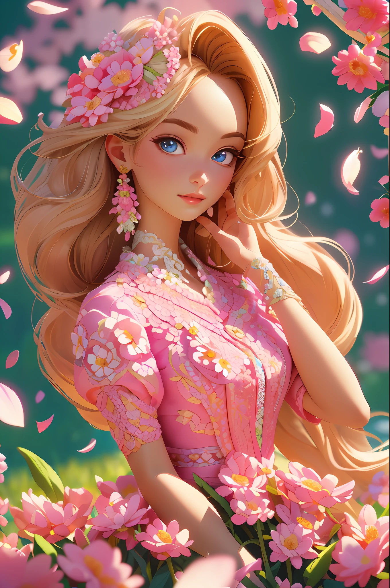 A Barbie princess wearing a lovely pink lightweight dress, hires, extremely detailed, detailed background, diffused natural lighting, (flower field, flower petals, surrounded by flowers:1.4), (zentangle, fractal art:1.3), (many colors, colorful:1.1), face focus), seductive, wind blowing, earrings, wearing detailed exotic clothes, ((Full body shot)), delicate face, white skin, delicate facial features, perfect facial features, delicate hair portrayal, delicate eyes portrayal, 8k picture quality, atmosphere sense, the highest quality, masterwork, extreme detail, high resolution, blurry foreground, foreshortening, Luminism, cinematic lighting, wide shot, Masterpiece, retina, textured skin, anatomically correct, best quality, award winning