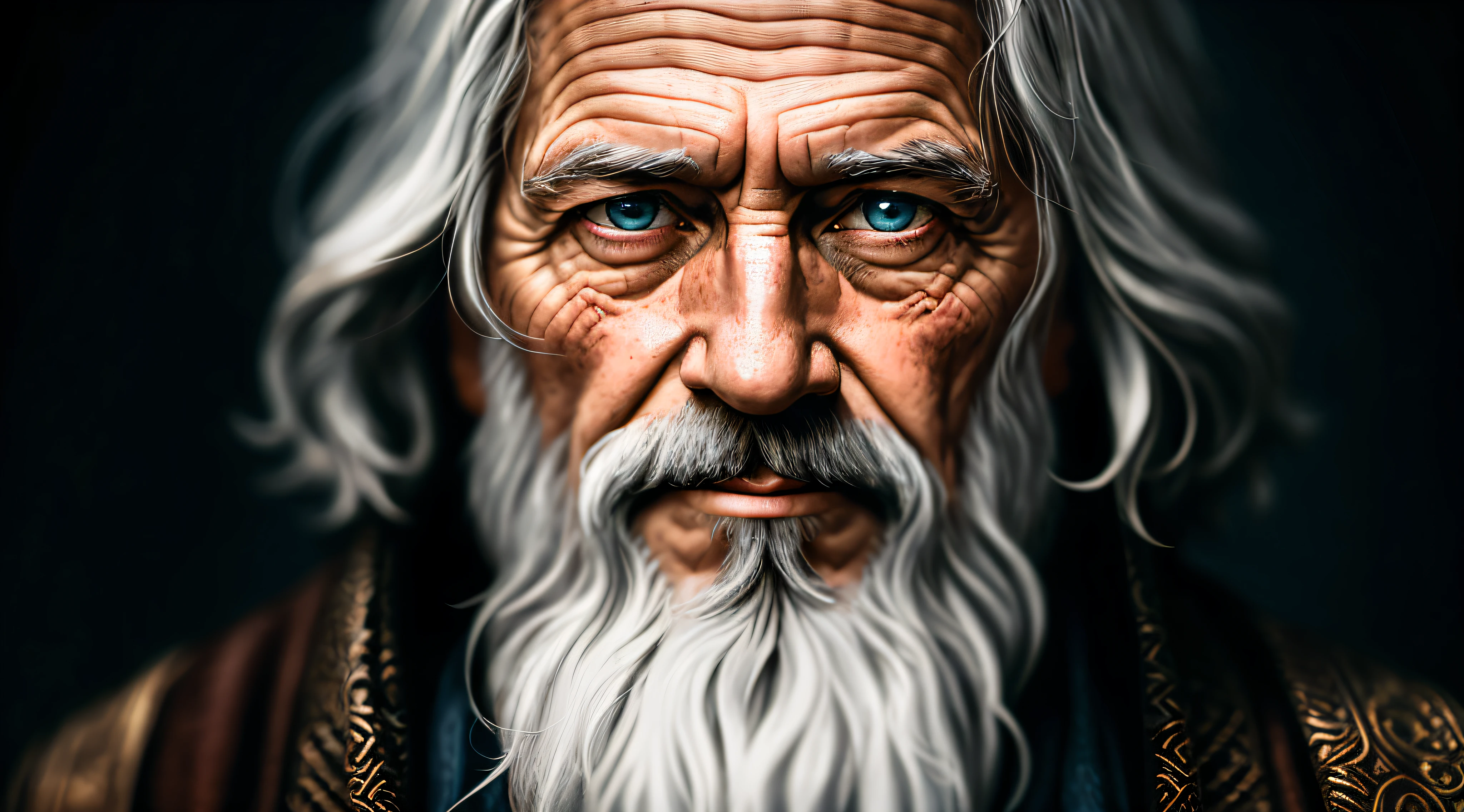 A portrait of a wizard, bearded, wrinkled, weathered, with piercing eyes, detailed face, high details, photography, dark studio, rim light, Nikon D850, 50mm, f/1.4