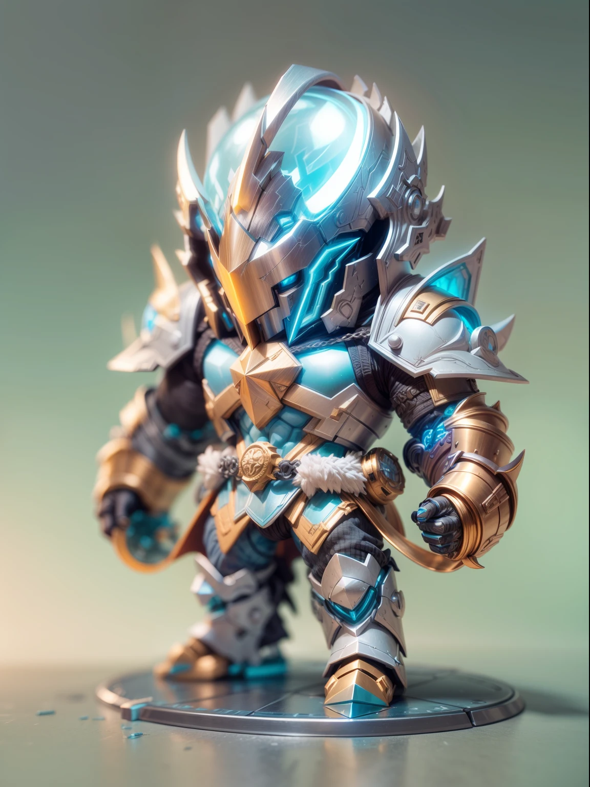(Blind box toy style:1.2), (Full body shot) , 1 Metal cute barbarians ,Metal armor, Combat damage helmet:1.2,  Nordic style, dreamy glow, Dirty, White background，Blue gold style，Battle damage style：1.2（circular base）( Global illumination, Ray traching, hdr, unreal render,reasonable design, high detal, Masterpiece, Best quality, hyper HD, Cinematic lighting)