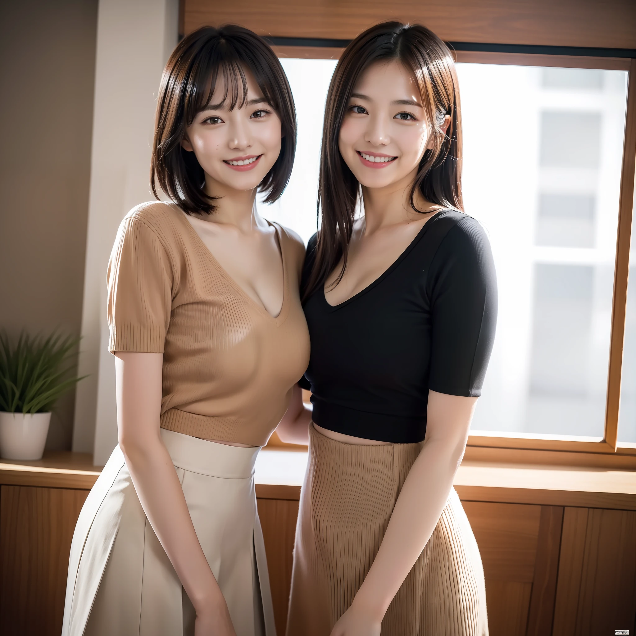 (in 8K, Raw photo, 超A high resolution, Best Quality, masutepiece:1.2), (realistic illustration), (the Extremely Detailed CG Unity 8K Wallpapers), absurderes, 2 girls in, 18 yo, Beautiful face,Large breasts, Black medium hair, Smile, Tilting head, grin, Upper body, skirt by the, V-neck short sleeve knit, indoor, Upper body, AKB48 Idol, 女優